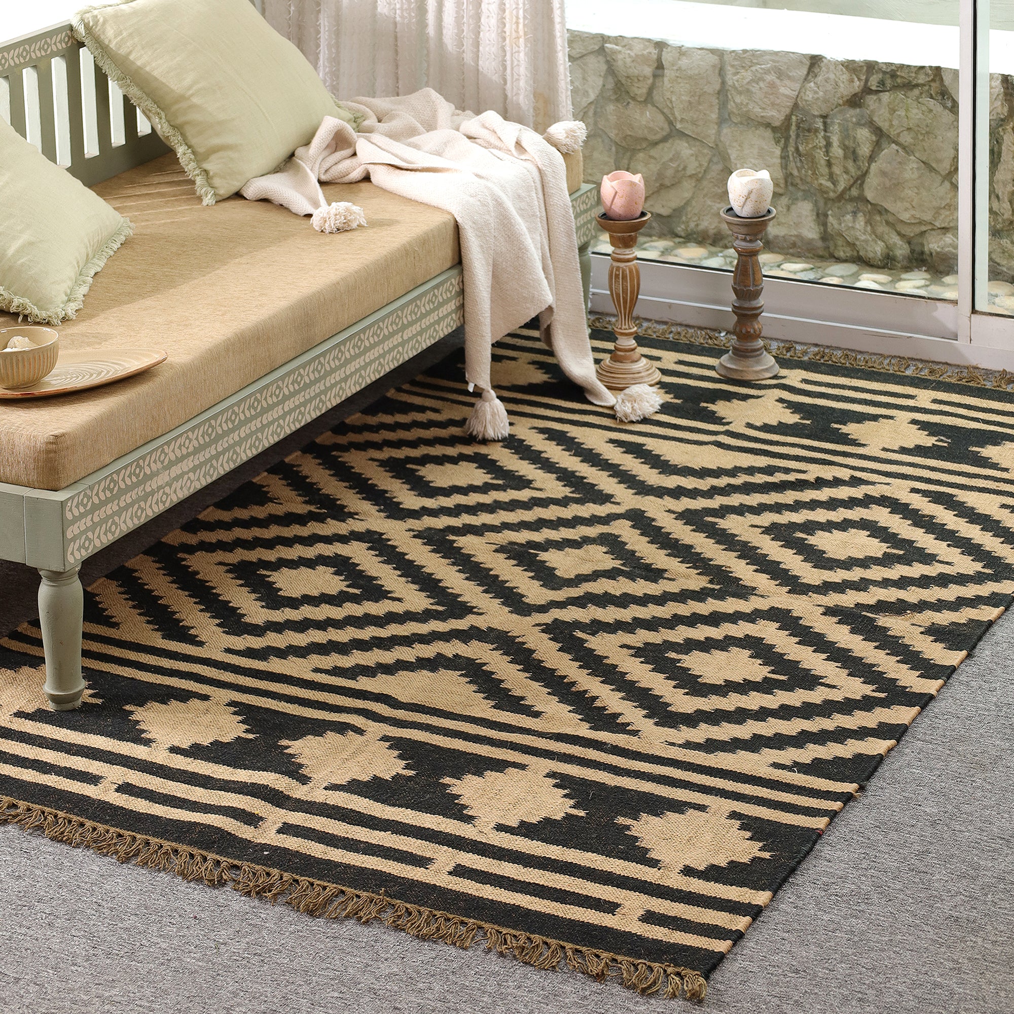 Black & Beige Tribal Geometric Area Rug | Boho Woven Living Room Carpet