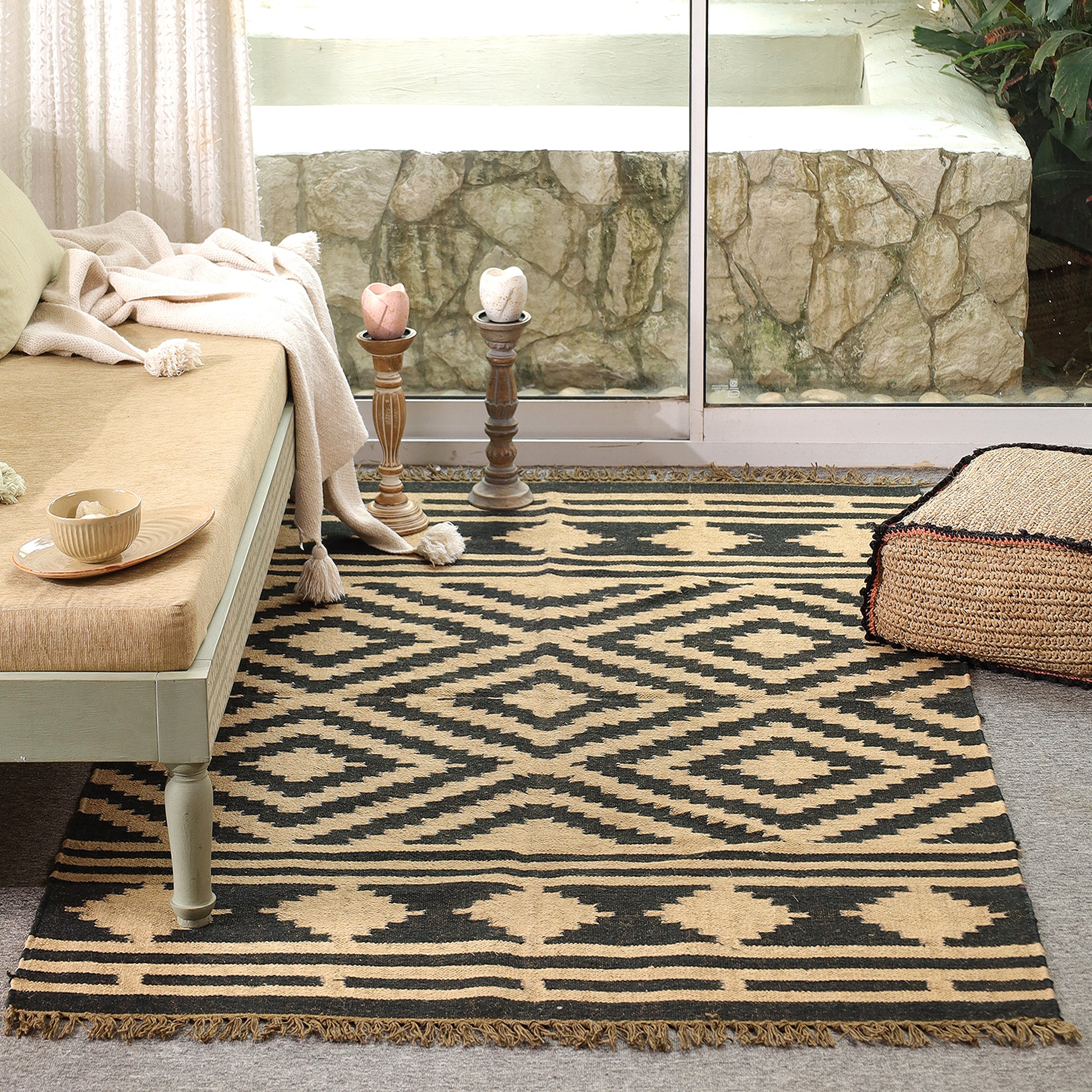 Black & Beige Tribal Geometric Area Rug | Boho Woven Living Room Carpet