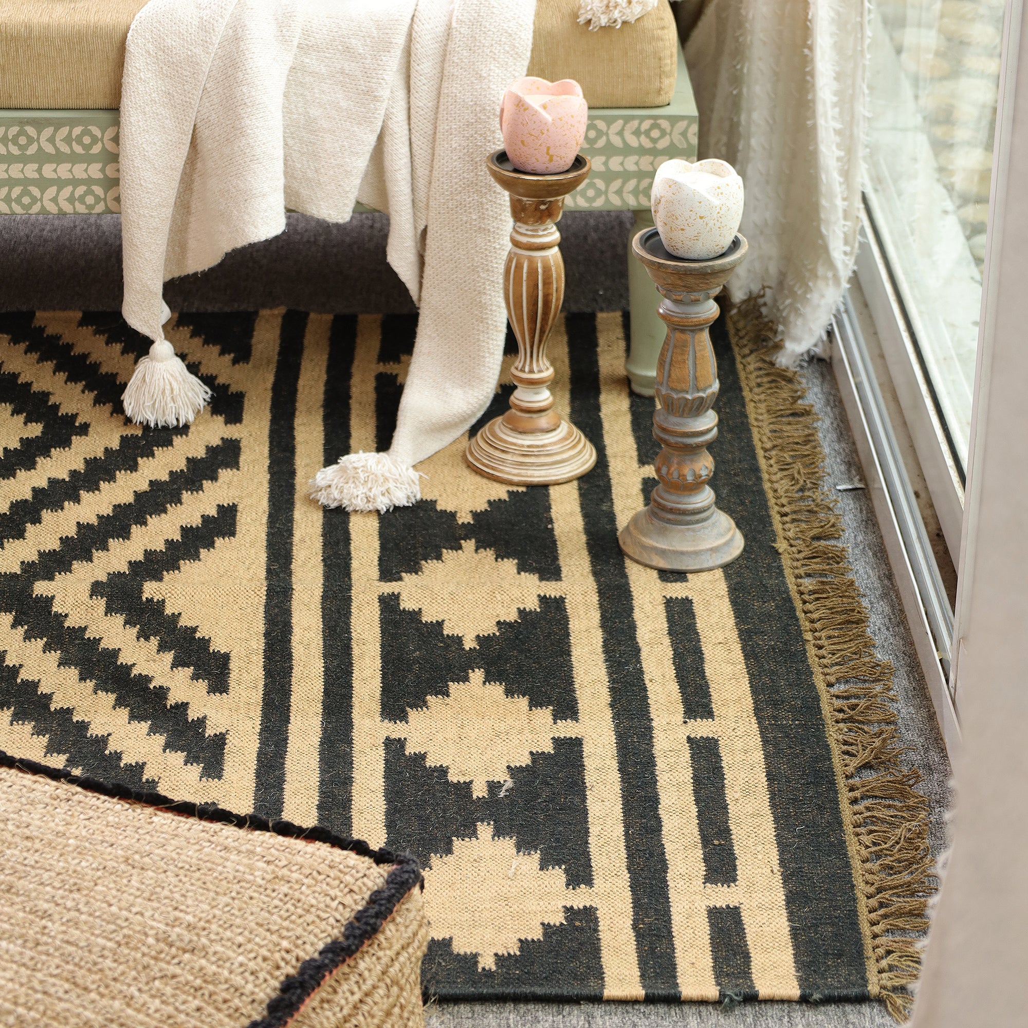 Black & Beige Tribal Geometric Area Rug | Boho Woven Living Room Carpet