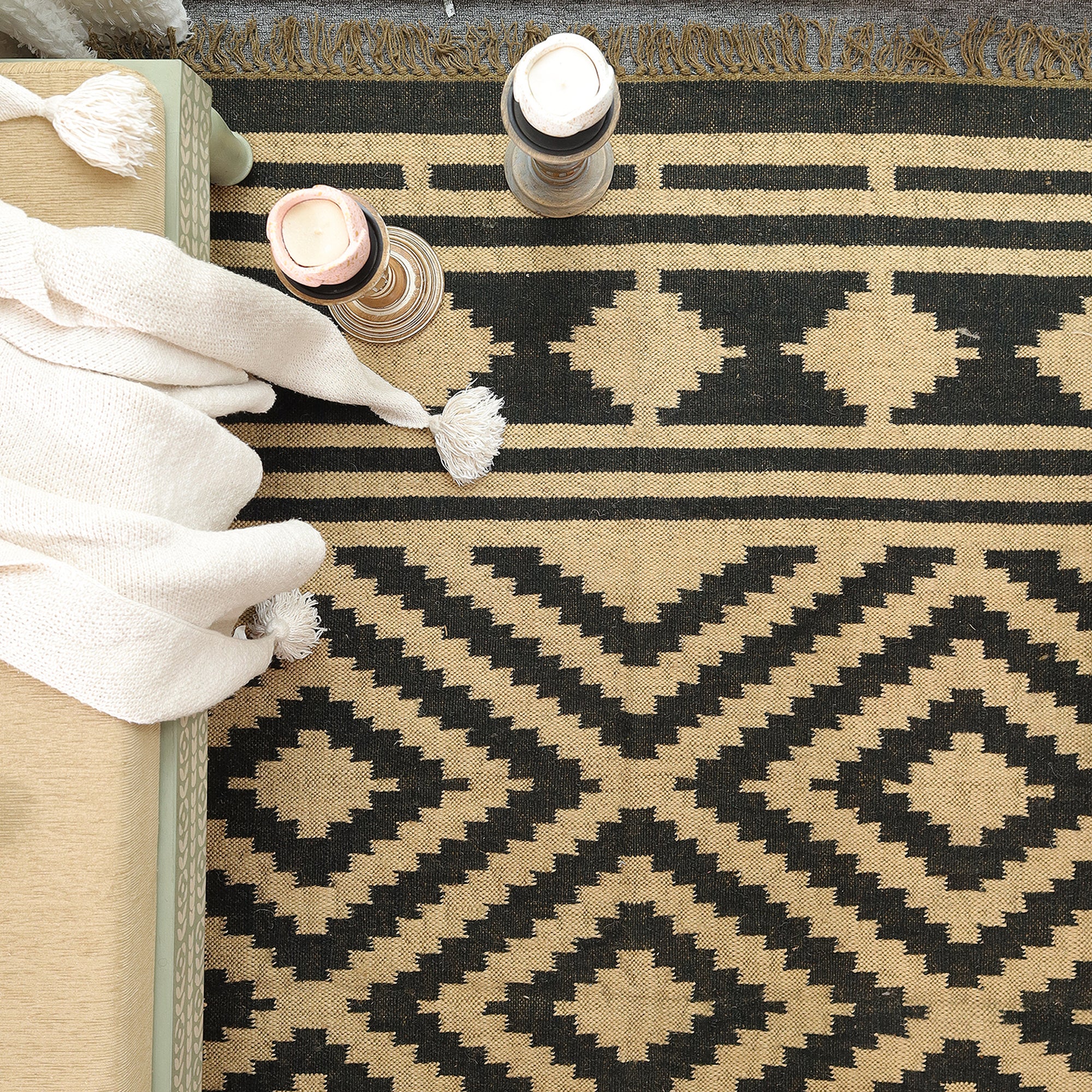 Black & Beige Tribal Geometric Area Rug | Boho Woven Living Room Carpet