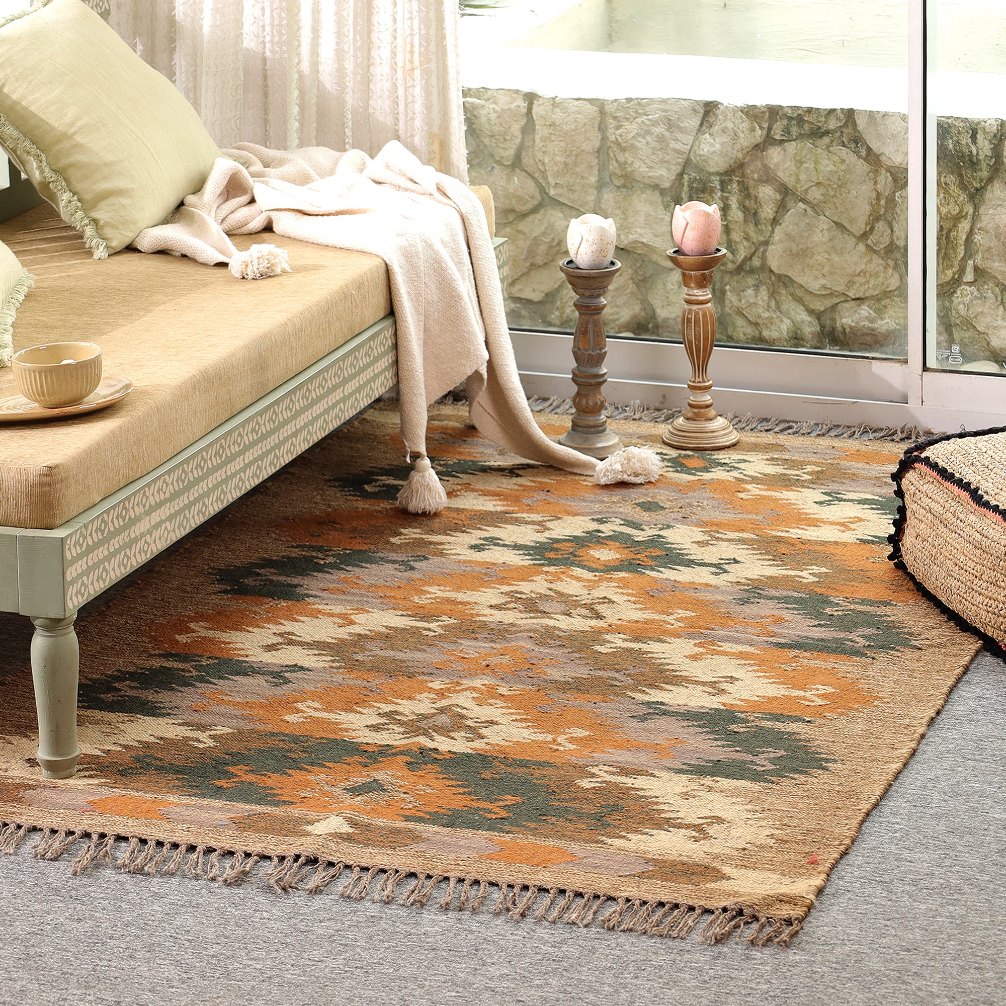 Boho Southwestern Geometric Area Rug | Rustic Woven Carpet with Fringe for Living Room & Bedroom