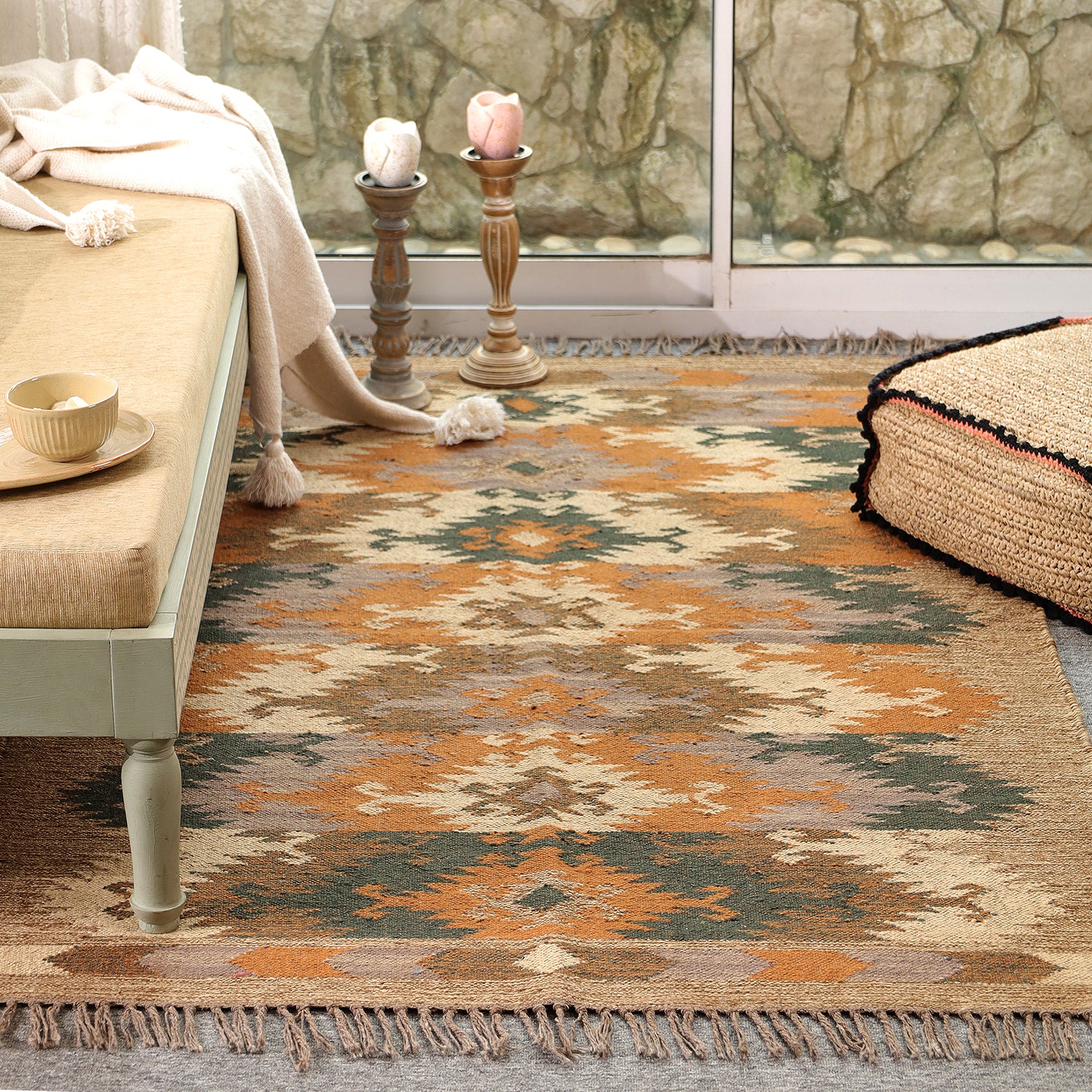 Boho Southwestern Geometric Area Rug | Rustic Woven Carpet with Fringe for Living Room & Bedroom
