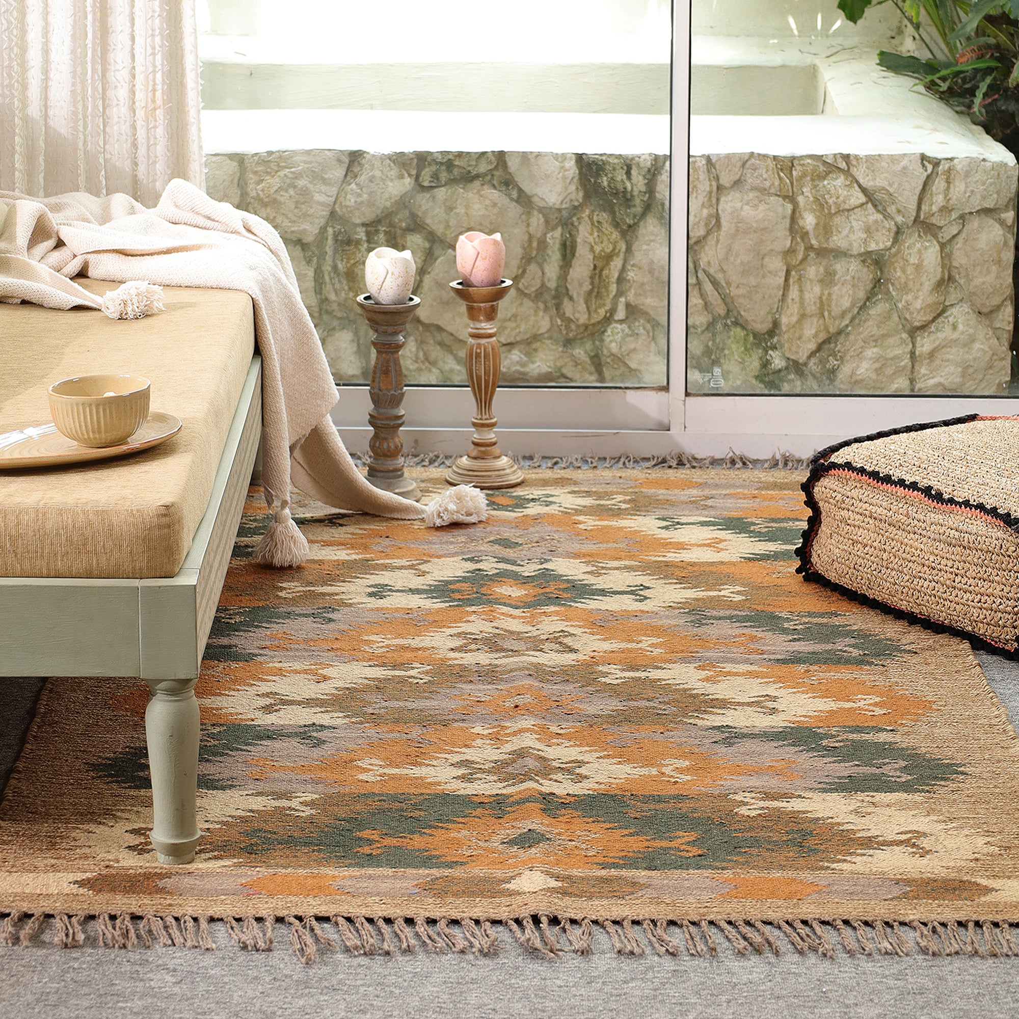 Boho Southwestern Geometric Area Rug | Rustic Woven Carpet with Fringe for Living Room & Bedroom