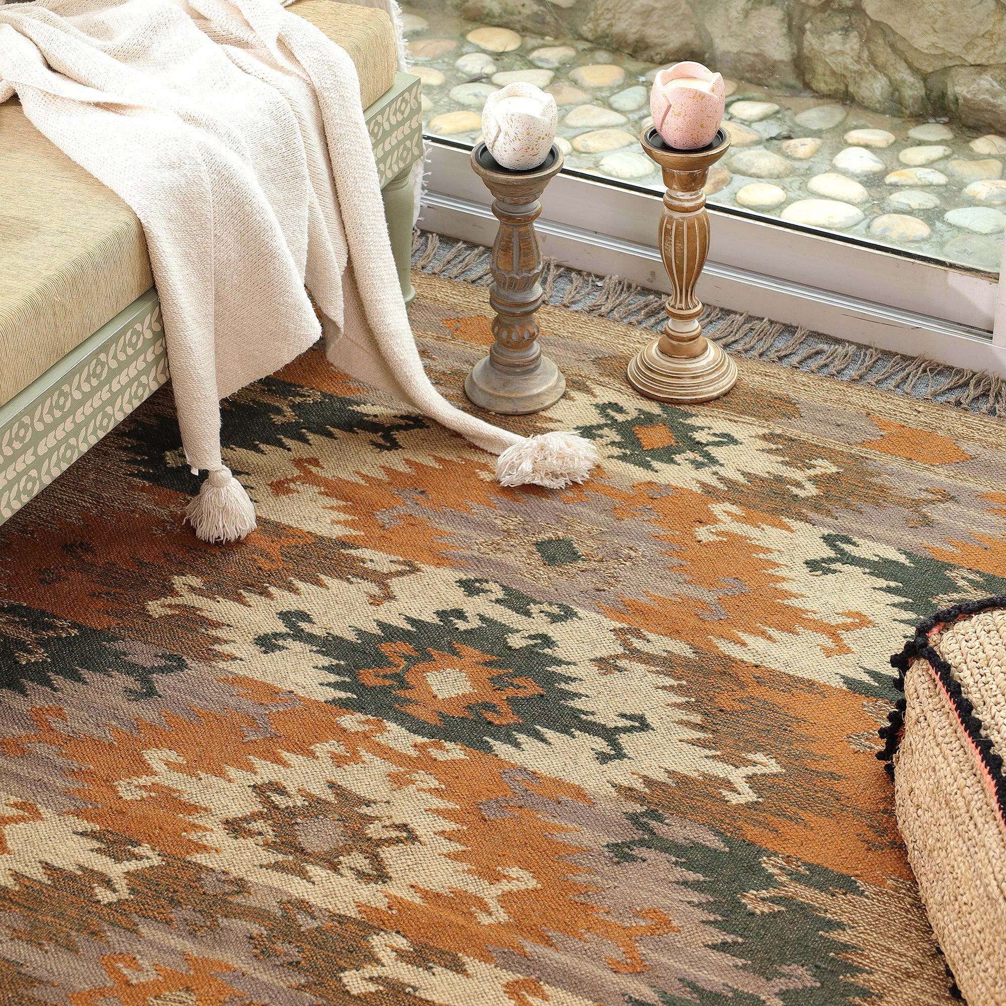 Boho Southwestern Geometric Area Rug | Rustic Woven Carpet with Fringe for Living Room & Bedroom