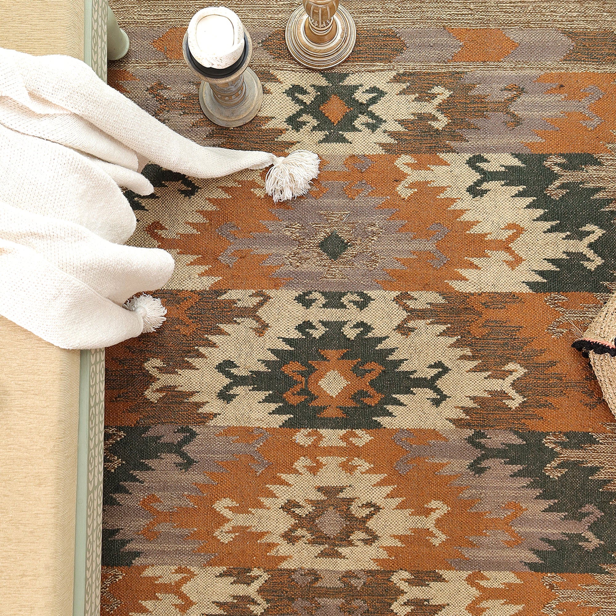 Boho Southwestern Geometric Area Rug | Rustic Woven Carpet with Fringe for Living Room & Bedroom