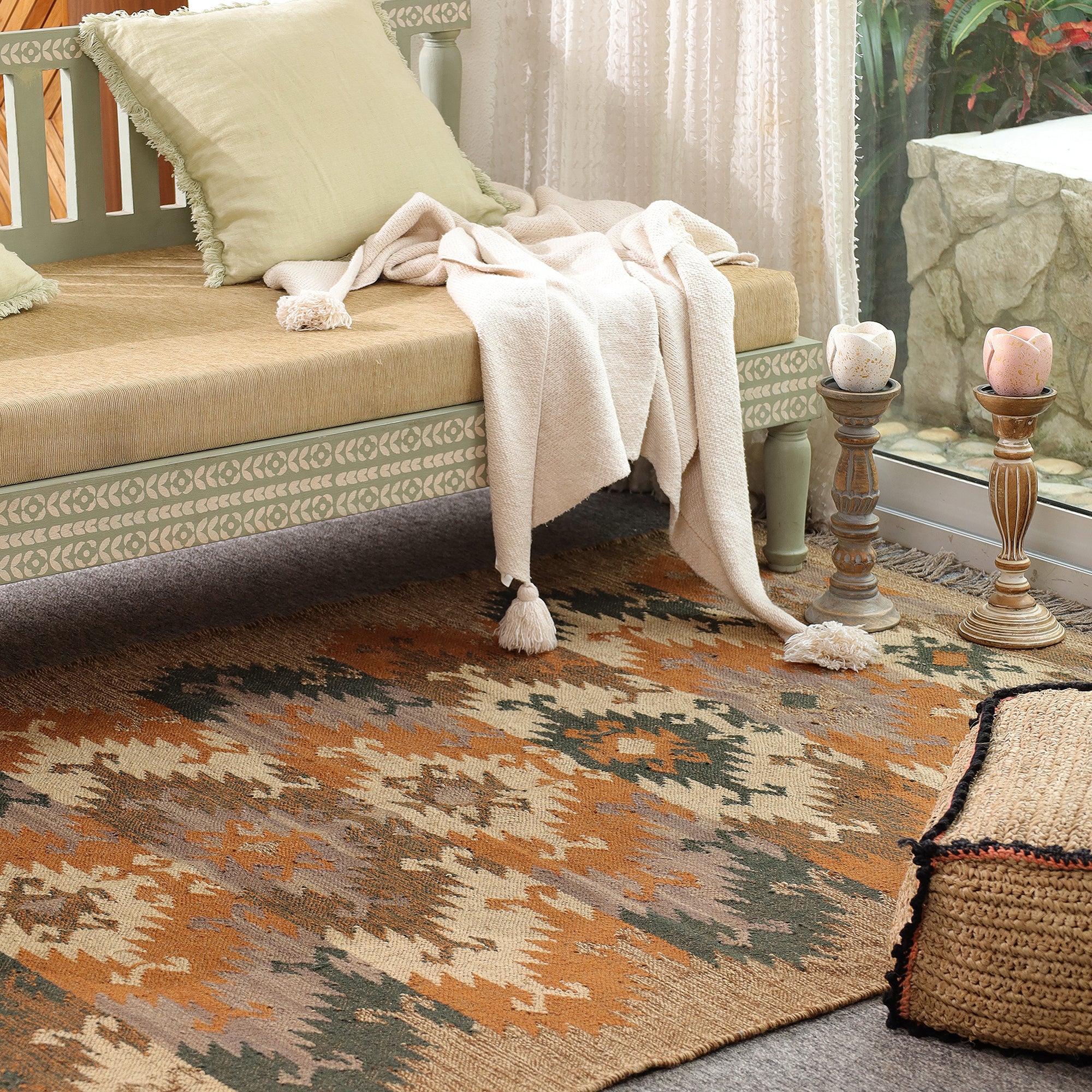 Boho Southwestern Geometric Area Rug | Rustic Woven Carpet with Fringe for Living Room & Bedroom