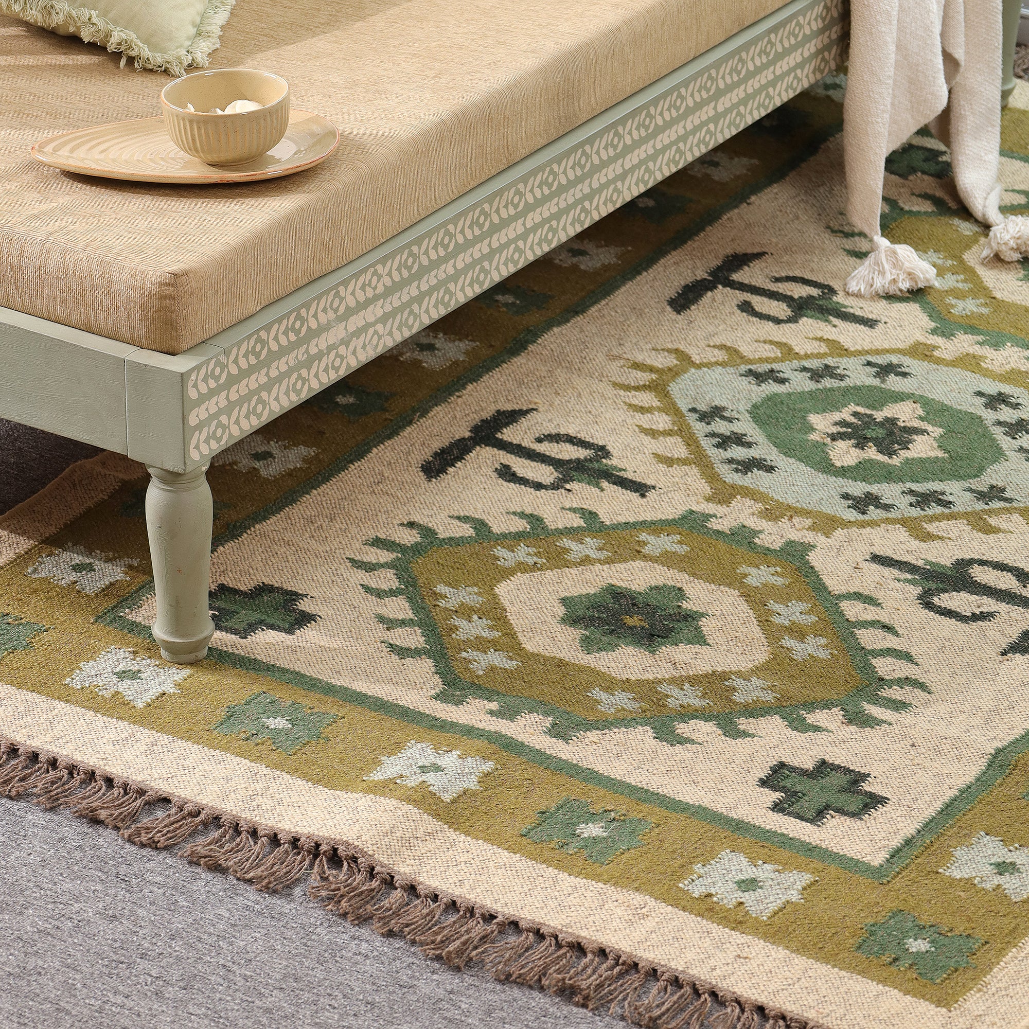 Green Boho Tribal Area Rug | Handwoven Geometric Cotton Rug with Fringe for Living Room & Bedroom