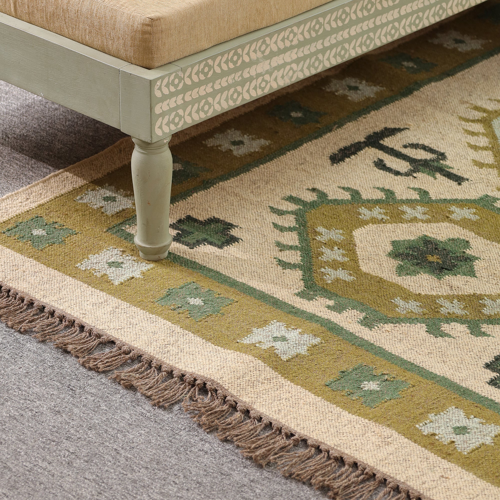 Green Boho Tribal Area Rug | Handwoven Geometric Cotton Rug with Fringe for Living Room & Bedroom