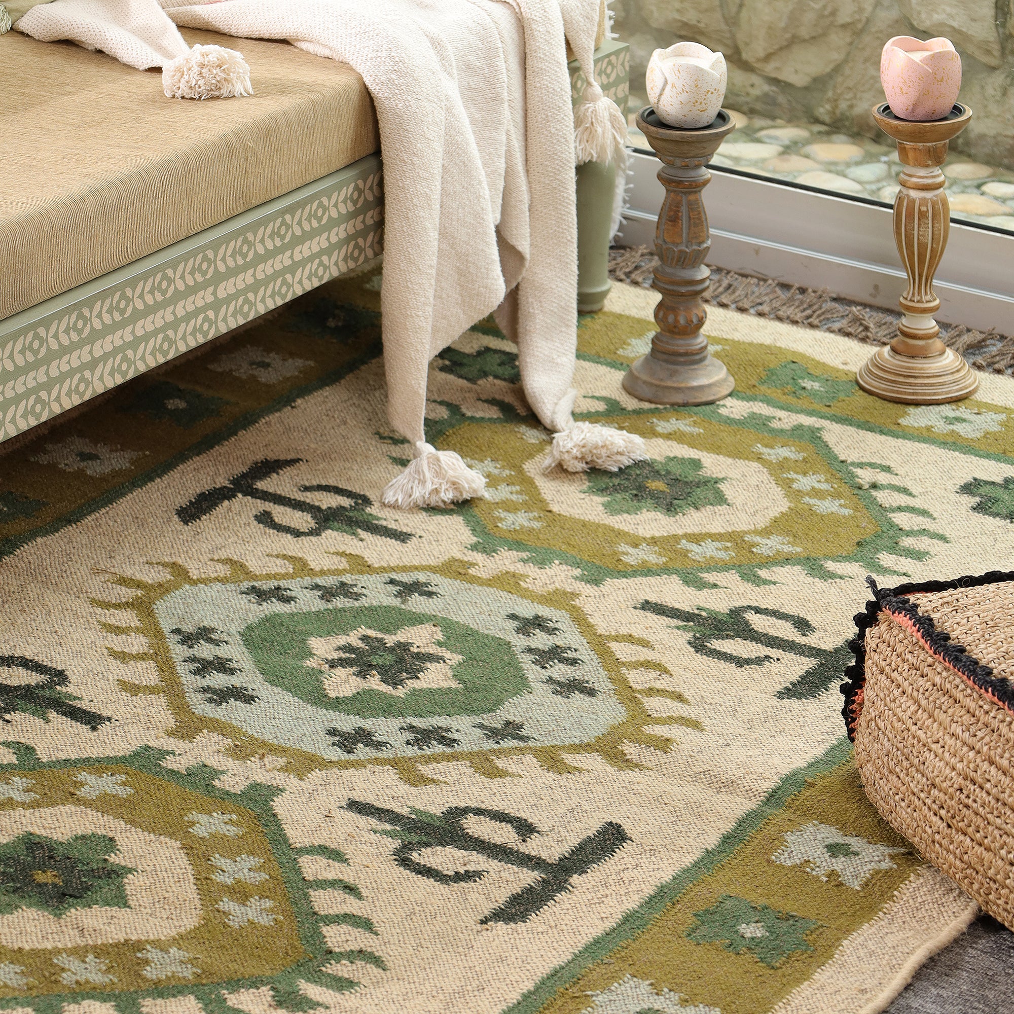 Green Boho Tribal Area Rug | Handwoven Geometric Cotton Rug with Fringe for Living Room & Bedroom