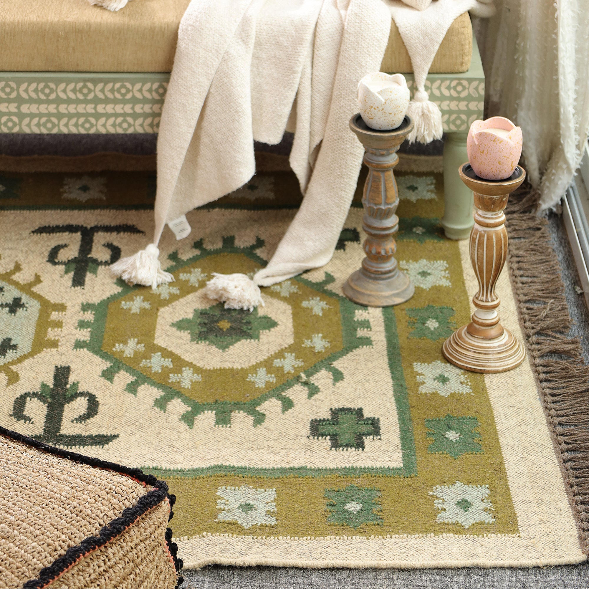 Green Boho Tribal Area Rug | Handwoven Geometric Cotton Rug with Fringe for Living Room & Bedroom