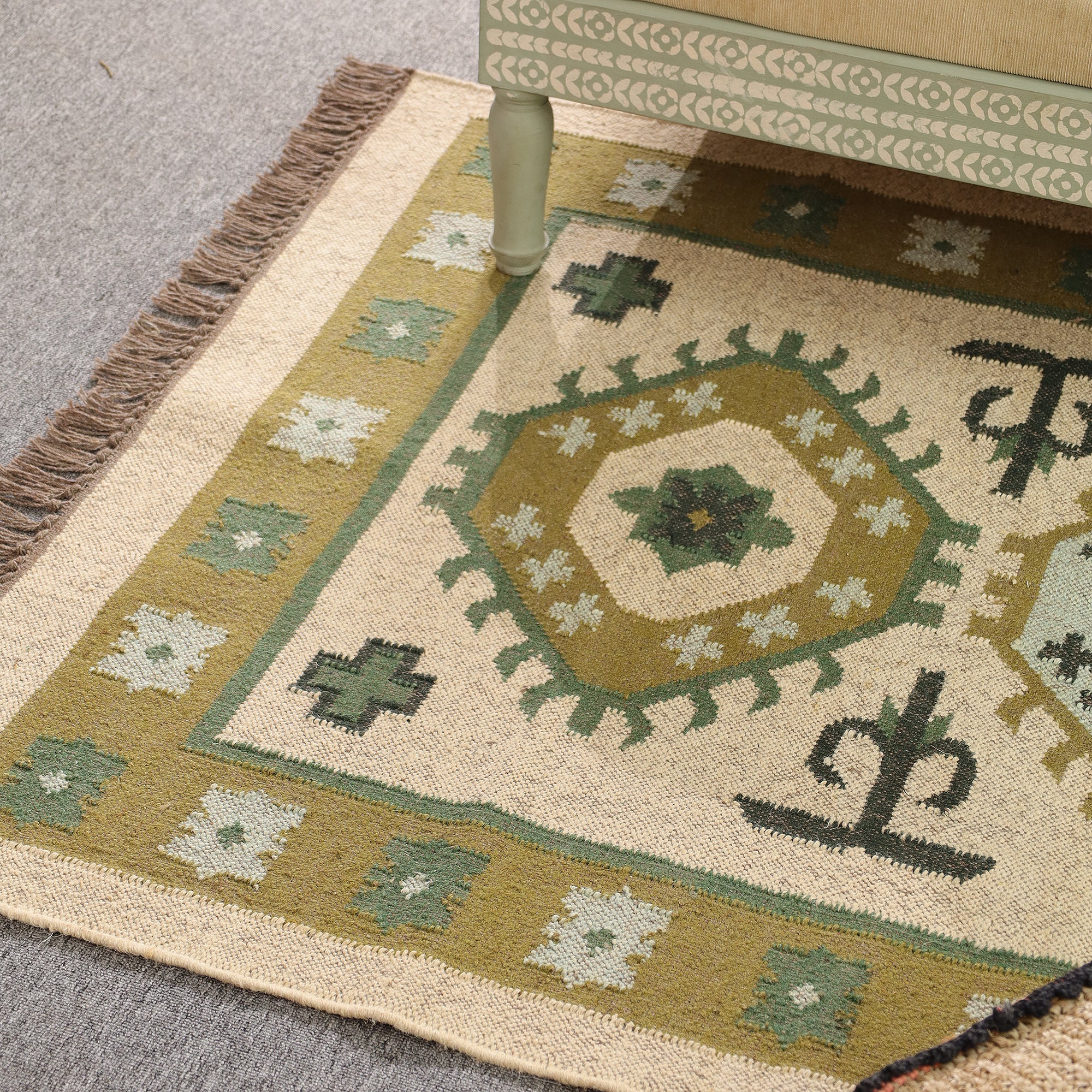 Green Boho Tribal Area Rug | Handwoven Geometric Cotton Rug with Fringe for Living Room & Bedroom