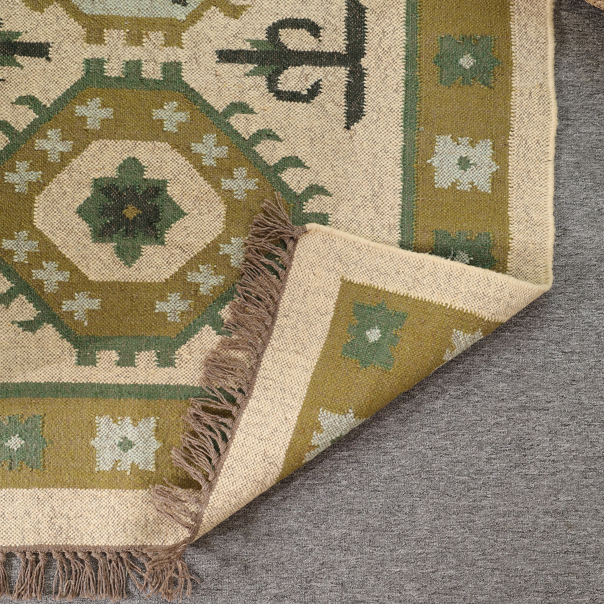 Green Boho Tribal Area Rug | Handwoven Geometric Cotton Rug with Fringe for Living Room & Bedroom