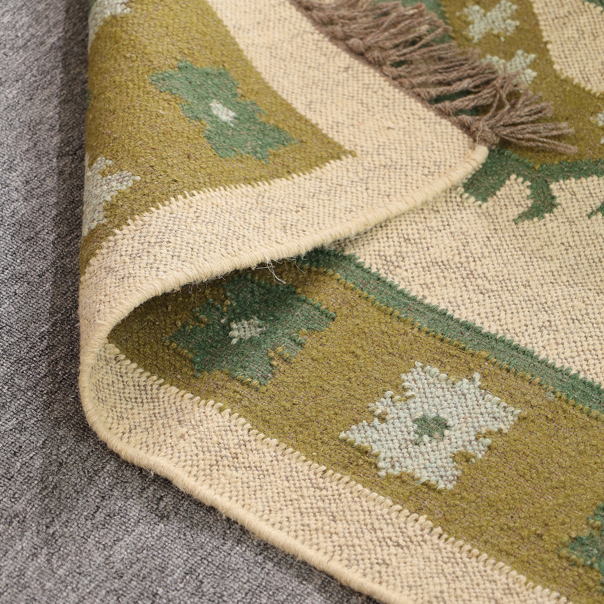 Green Boho Tribal Area Rug | Handwoven Geometric Cotton Rug with Fringe for Living Room & Bedroom