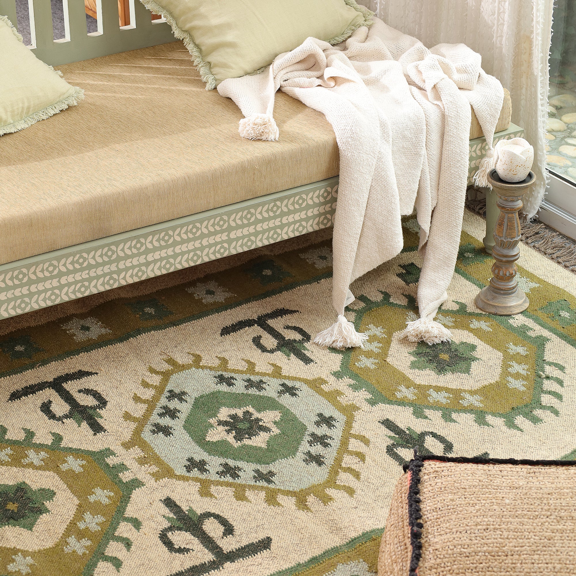 Green Boho Tribal Area Rug | Handwoven Geometric Cotton Rug with Fringe for Living Room & Bedroom