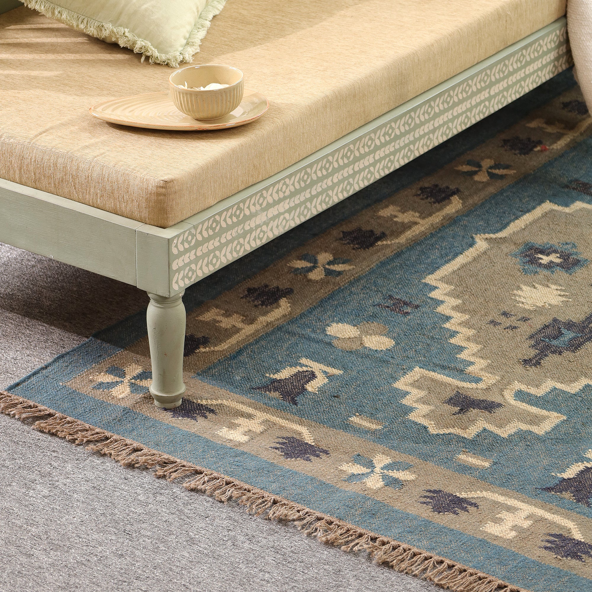 Blue Boho Tribal Area Rug Handwoven Geometric Fringe Rug for Living Room