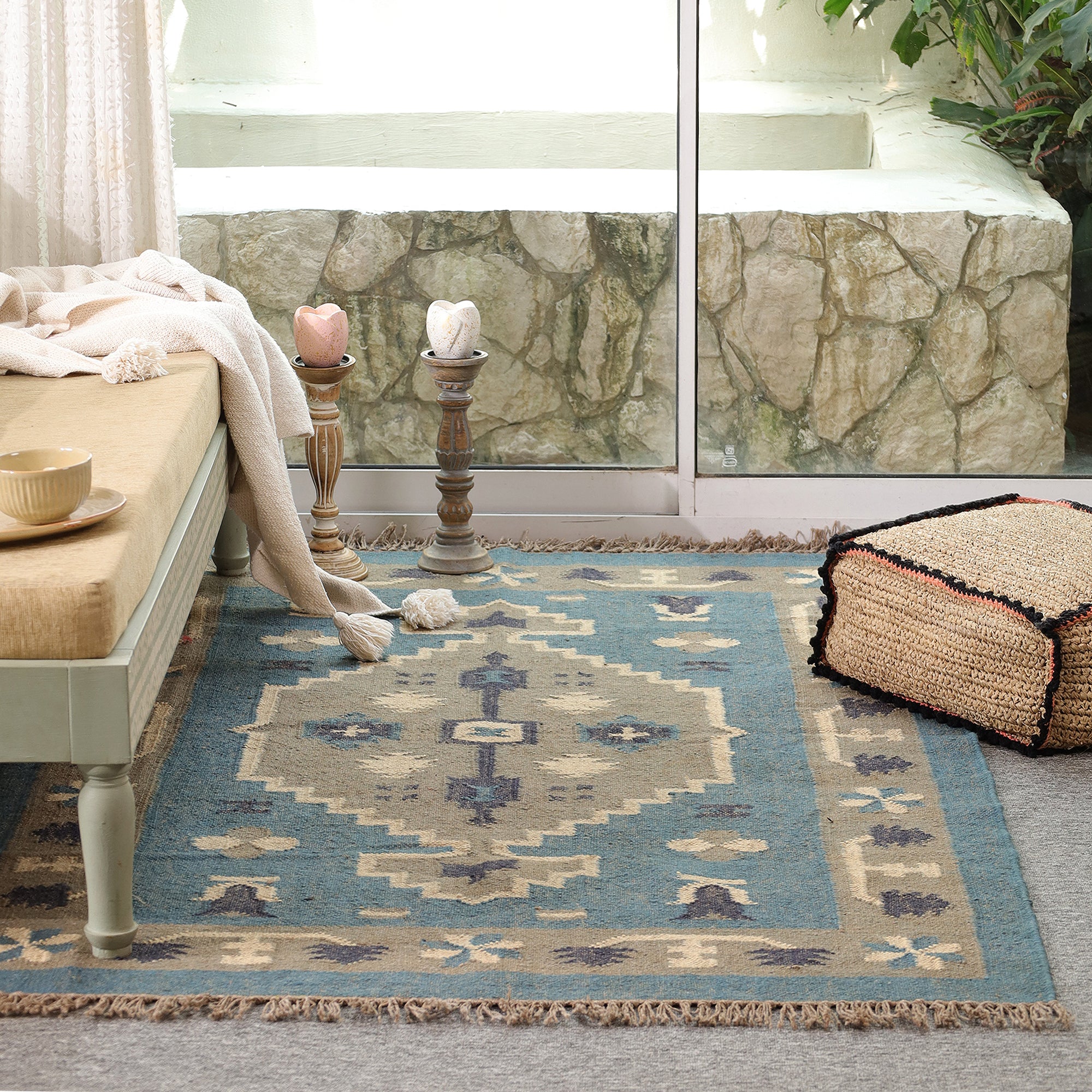 Blue Boho Tribal Area Rug Handwoven Geometric Fringe Rug for Living Room