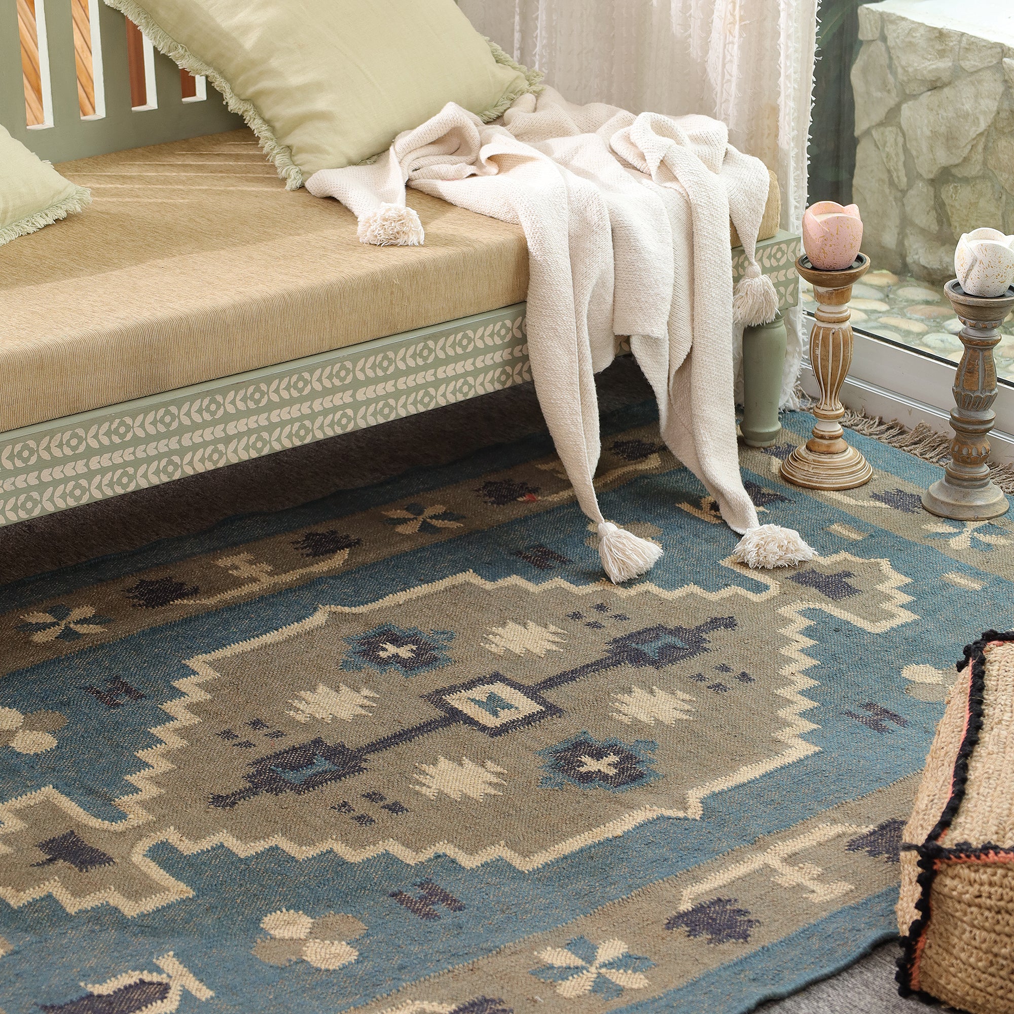 Blue Boho Tribal Area Rug Handwoven Geometric Fringe Rug for Living Room
