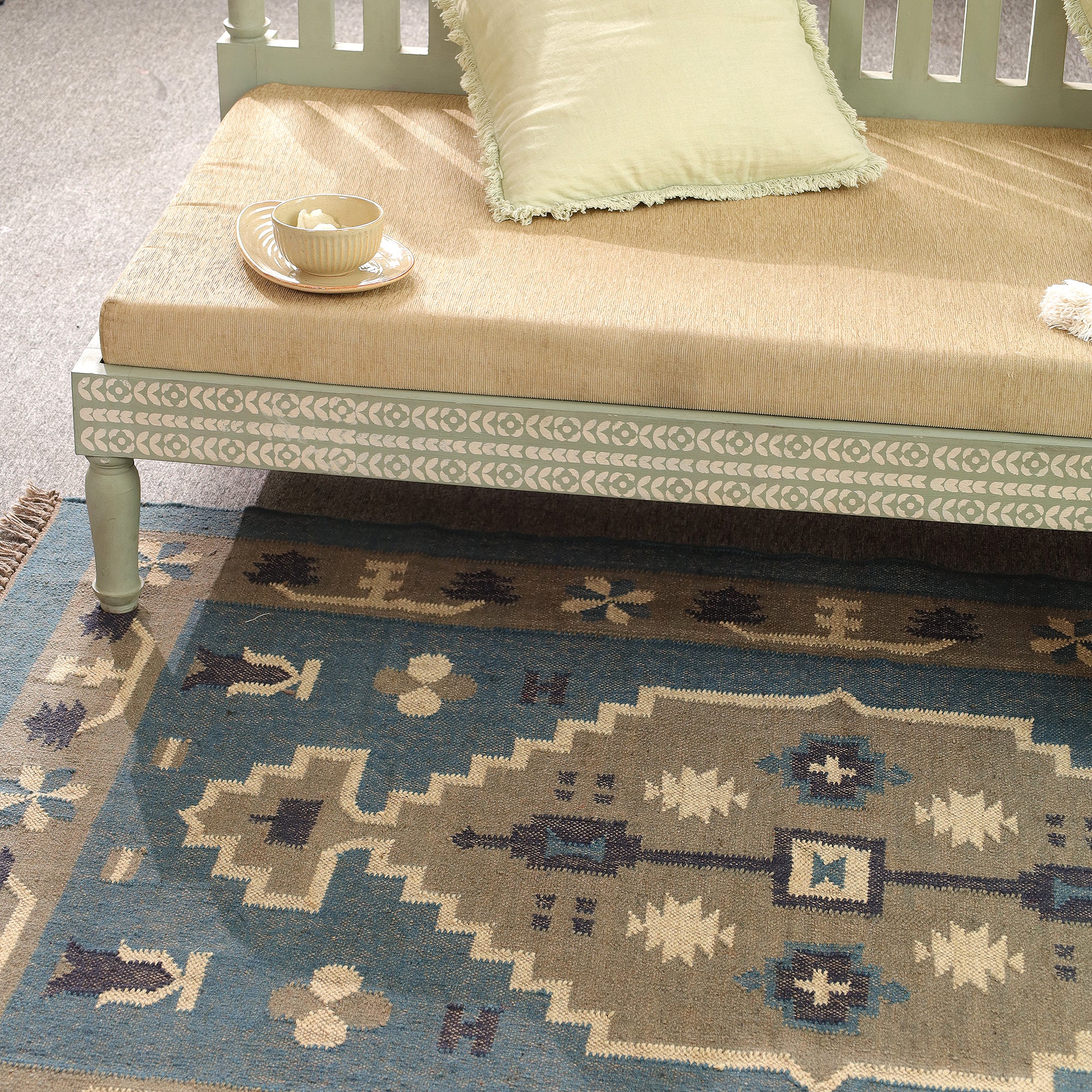 Blue Boho Tribal Area Rug Handwoven Geometric Fringe Rug for Living Room