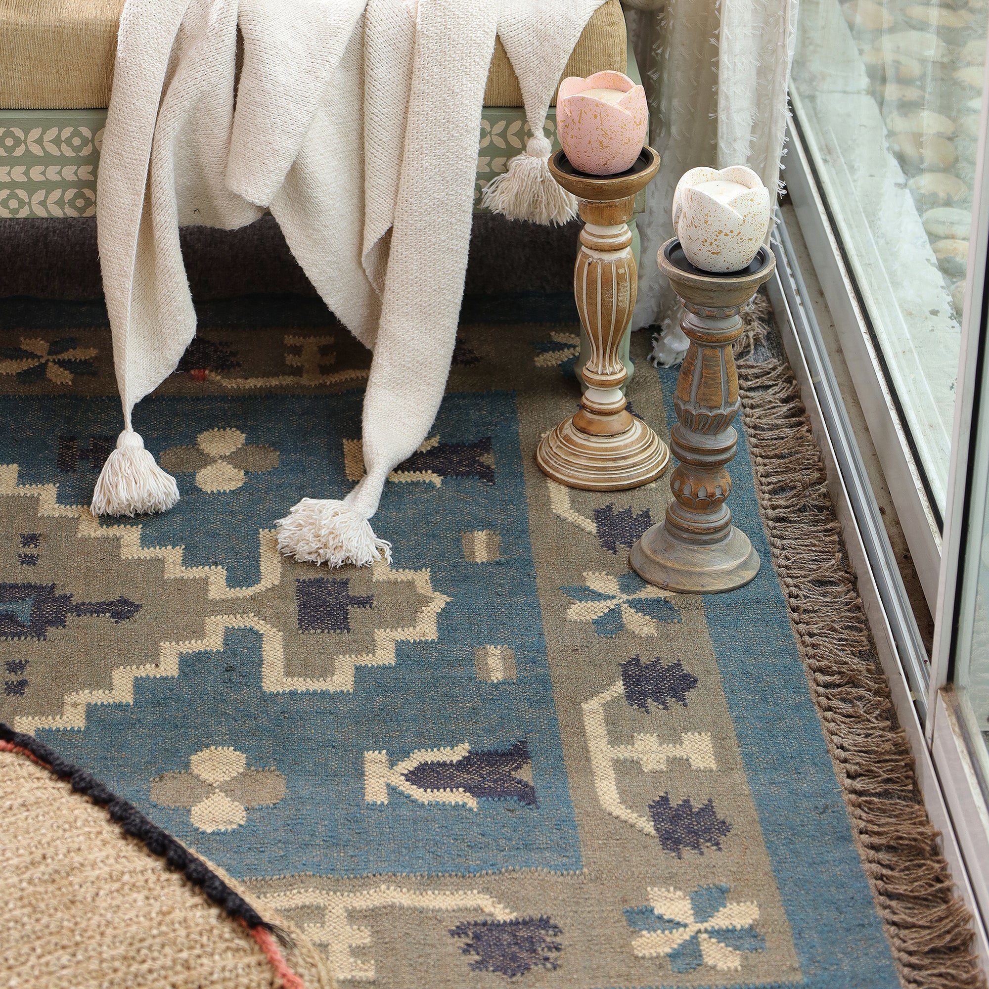 Blue Boho Tribal Area Rug Handwoven Geometric Fringe Rug for Living Room