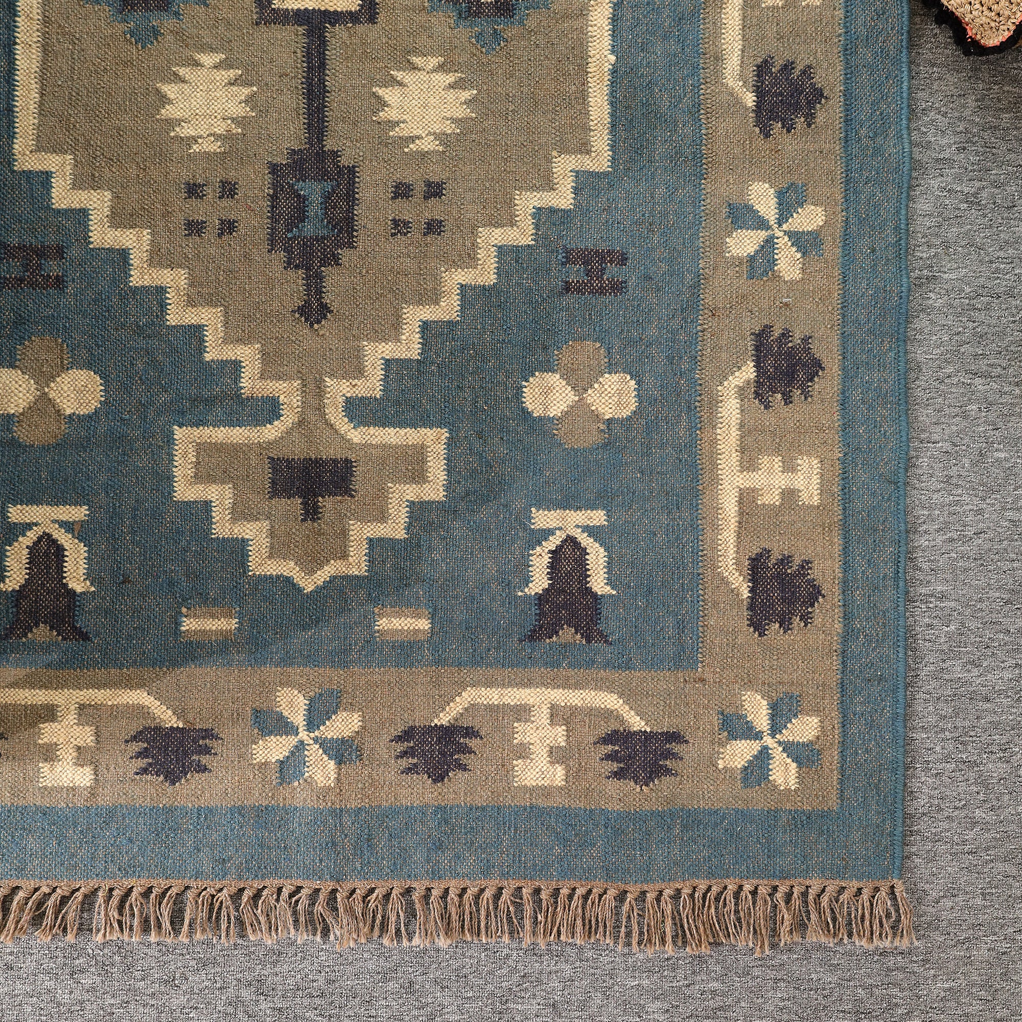 Blue Boho Tribal Area Rug Handwoven Geometric Fringe Rug for Living Room