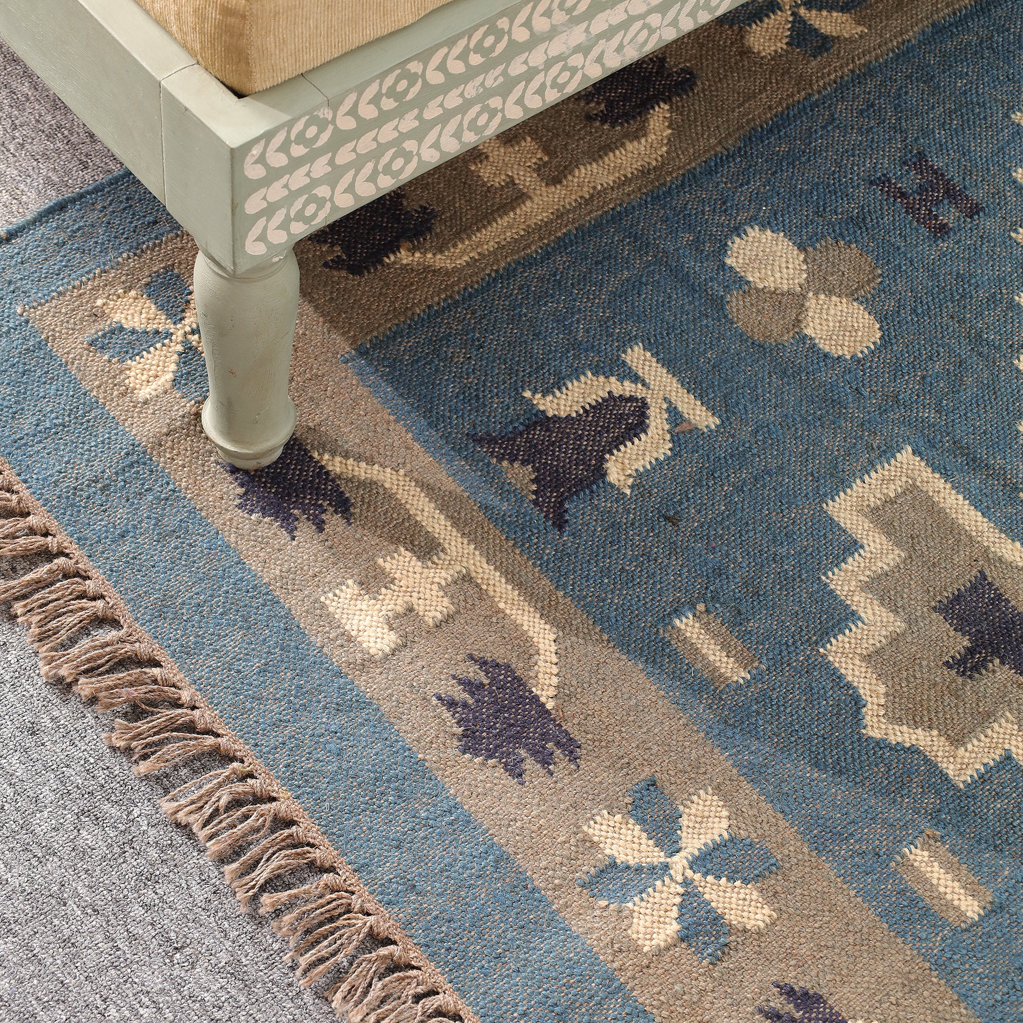 Blue Boho Tribal Area Rug Handwoven Geometric Fringe Rug for Living Room