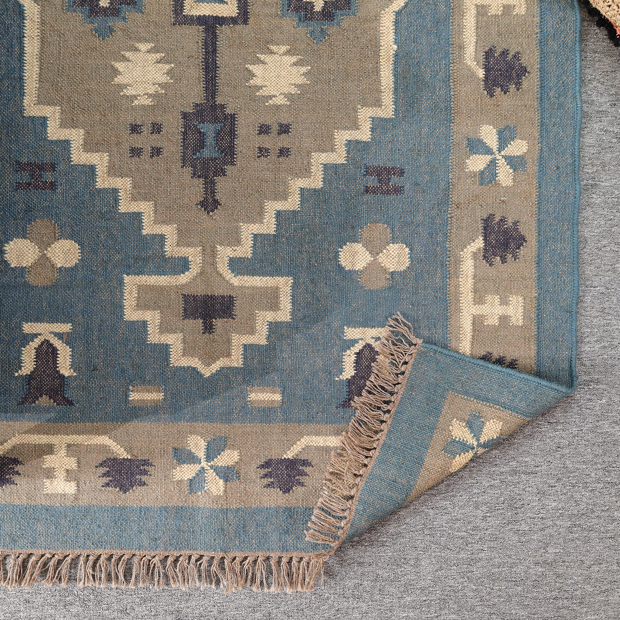 Blue Boho Tribal Area Rug Handwoven Geometric Fringe Rug for Living Room