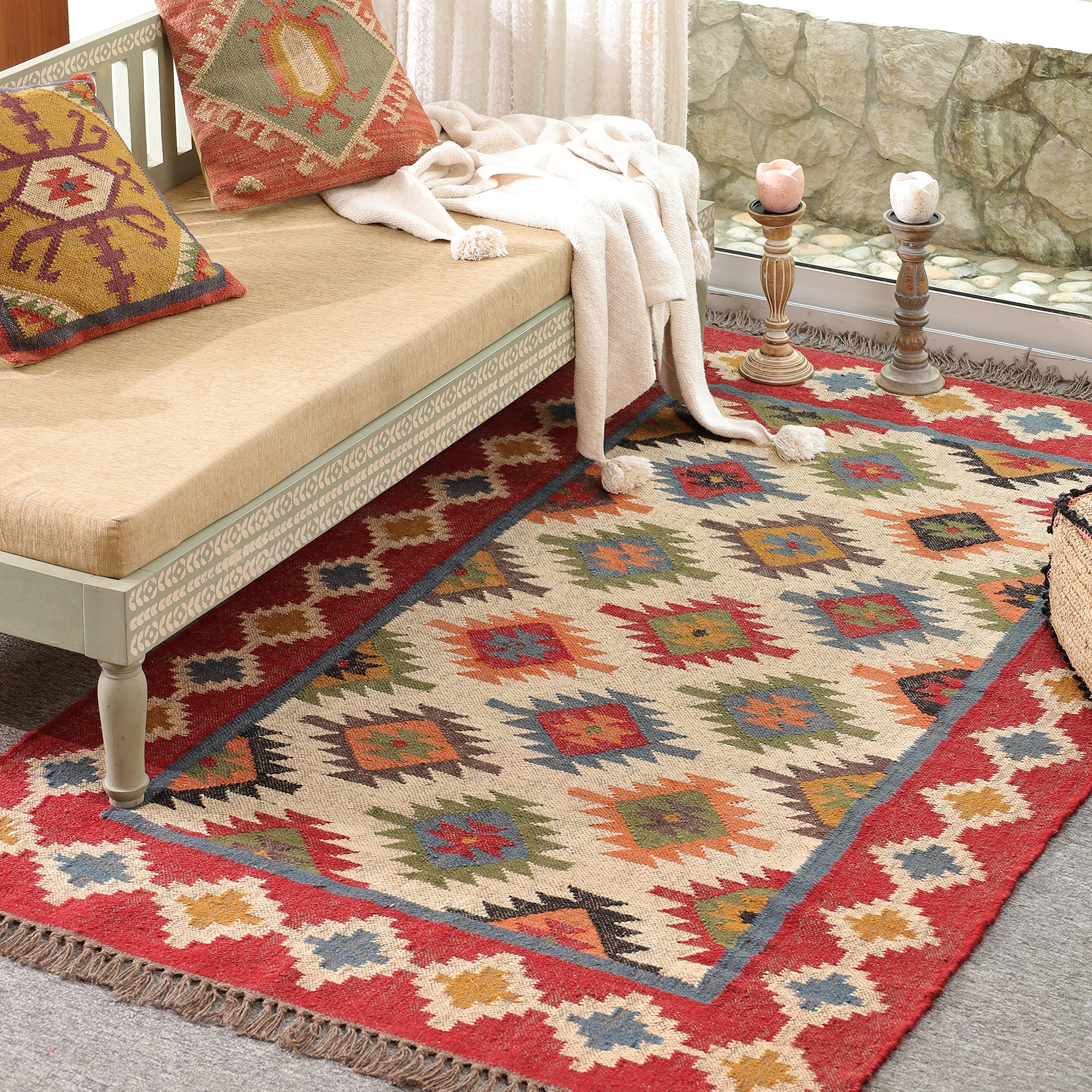 Colorful Boho Kilim Area Rug | Handmade Style Southwestern Geometric Rug for Living Room & Bedroom