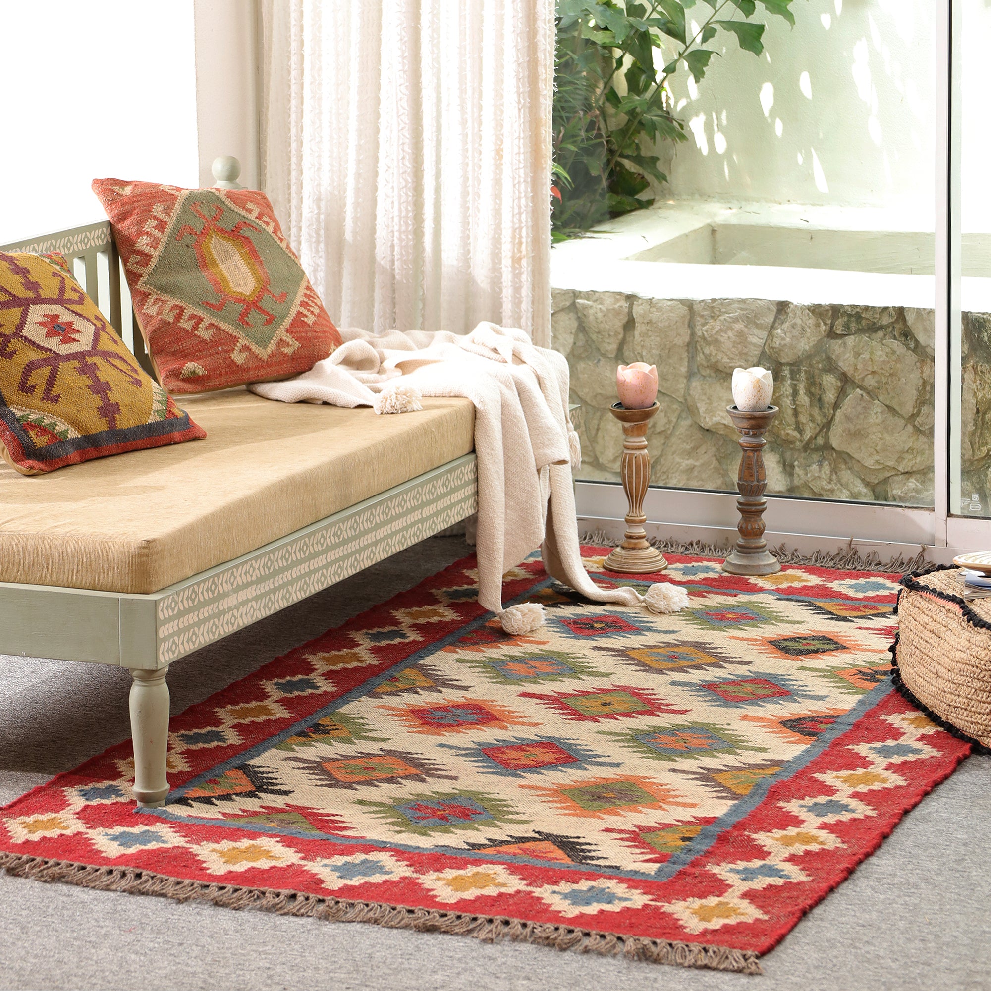 Colorful Boho Kilim Area Rug | Handmade Style Southwestern Geometric Rug for Living Room & Bedroom