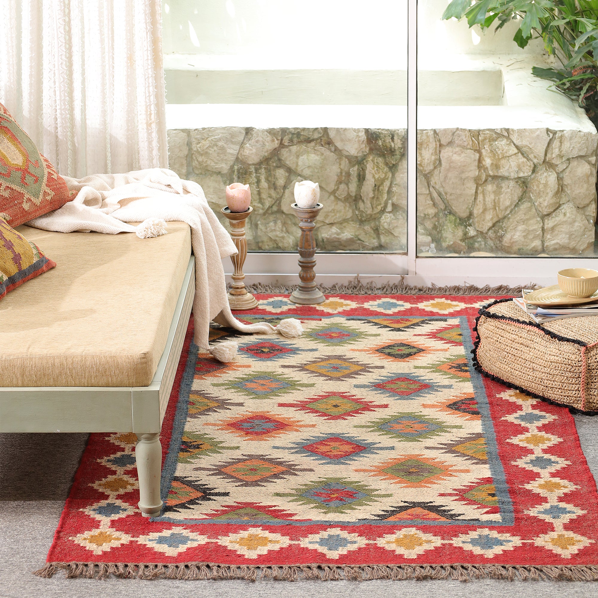 Colorful Boho Kilim Area Rug | Handmade Style Southwestern Geometric Rug for Living Room & Bedroom