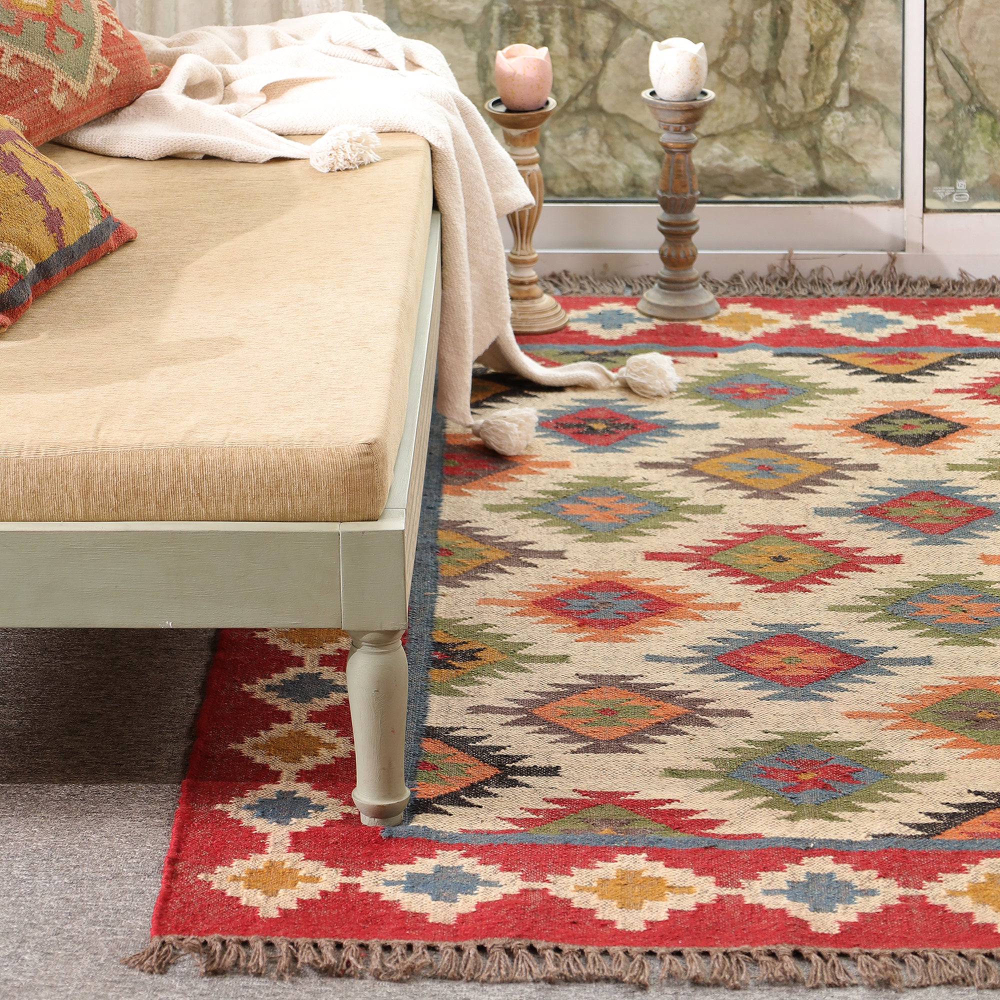 Colorful Boho Kilim Area Rug | Handmade Style Southwestern Geometric Rug for Living Room & Bedroom