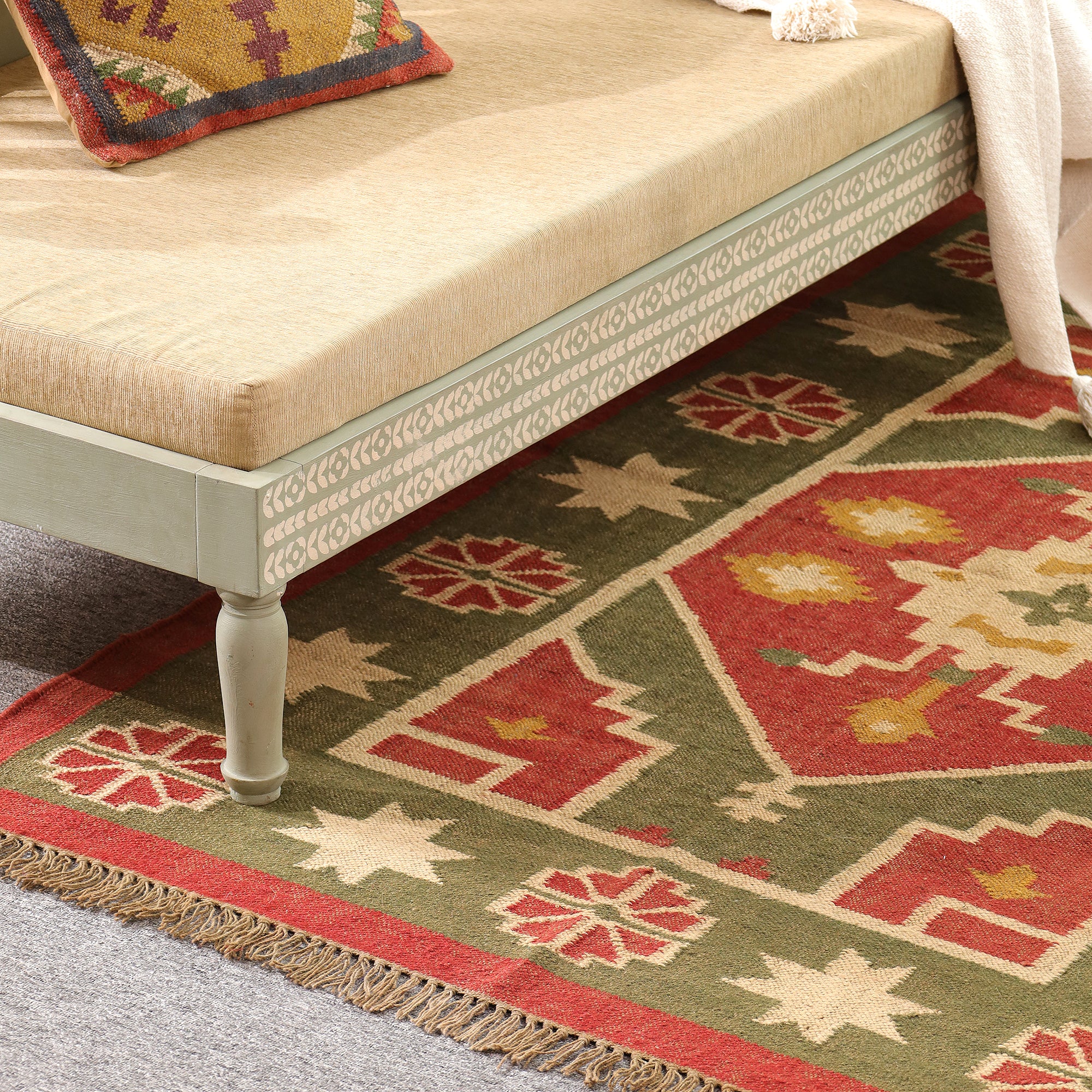Handmade Green & Red Kilim Area Rug | Traditional Flat Weave Boho Rug | Rugzcraft