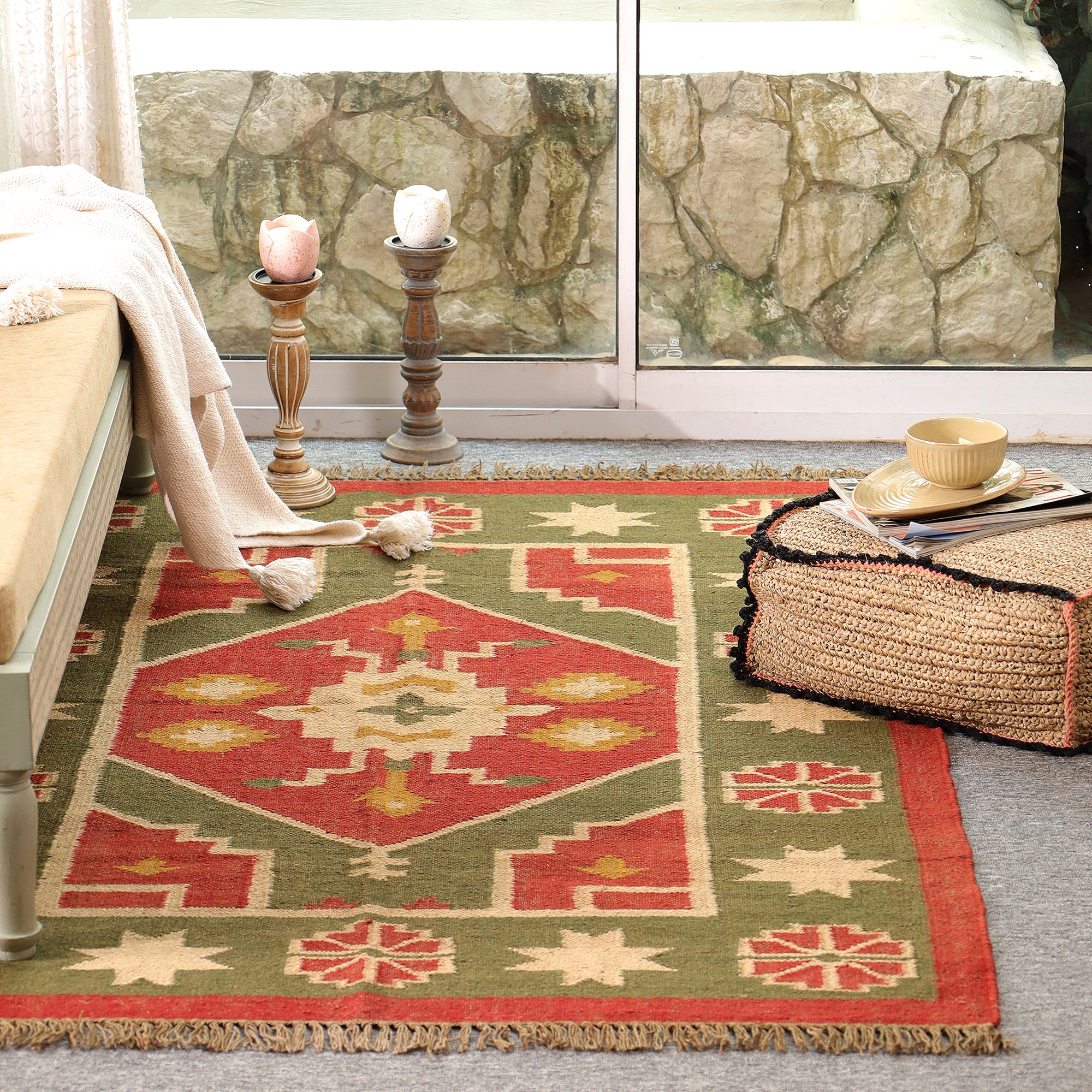 Handmade Green & Red Kilim Area Rug | Traditional Flat Weave Boho Rug | Rugzcraft
