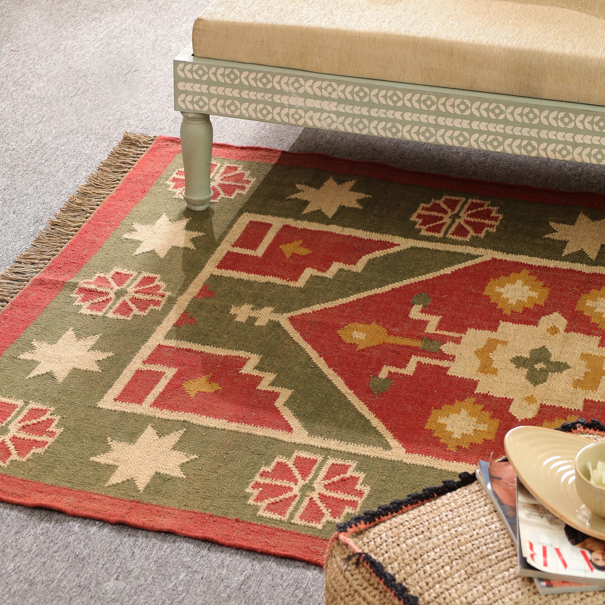 Handmade Green & Red Kilim Area Rug | Traditional Flat Weave Boho Rug | Rugzcraft