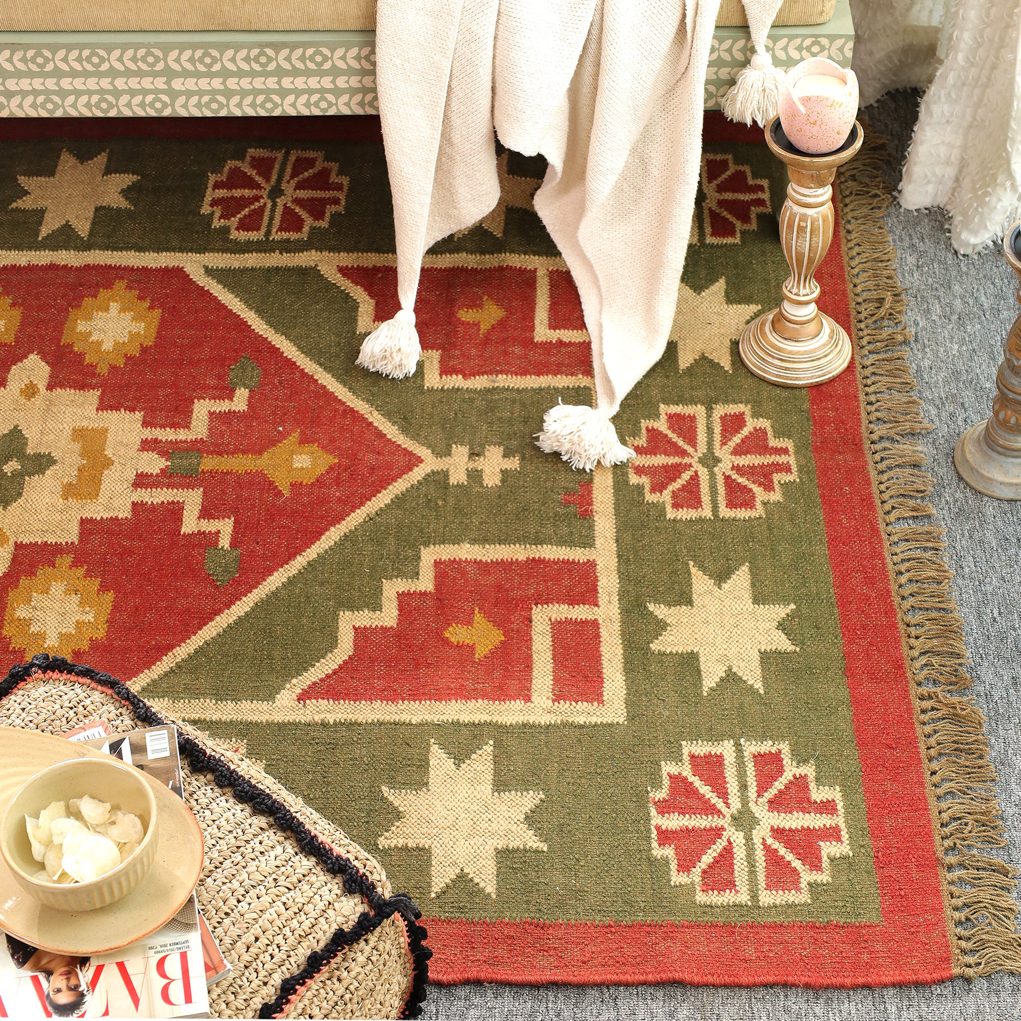 Handmade Green & Red Kilim Area Rug | Traditional Flat Weave Boho Rug | Rugzcraft