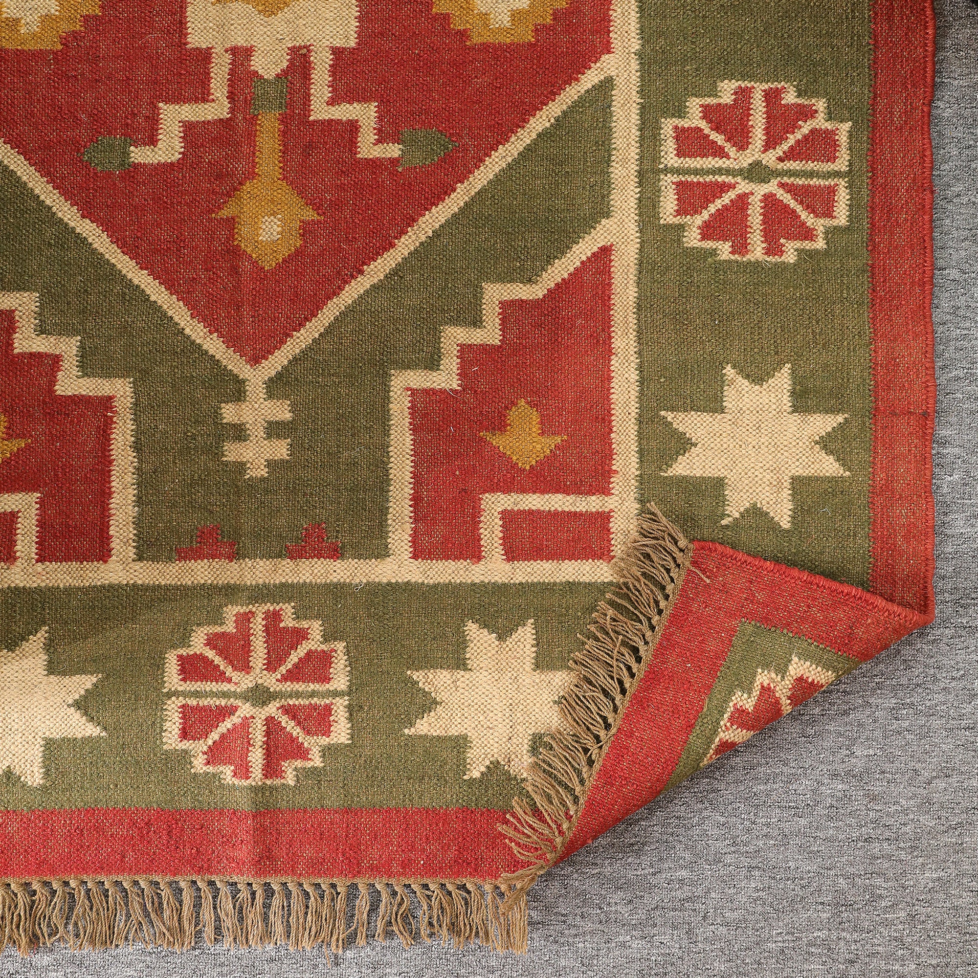 Handmade Green & Red Kilim Area Rug | Traditional Flat Weave Boho Rug | Rugzcraft
