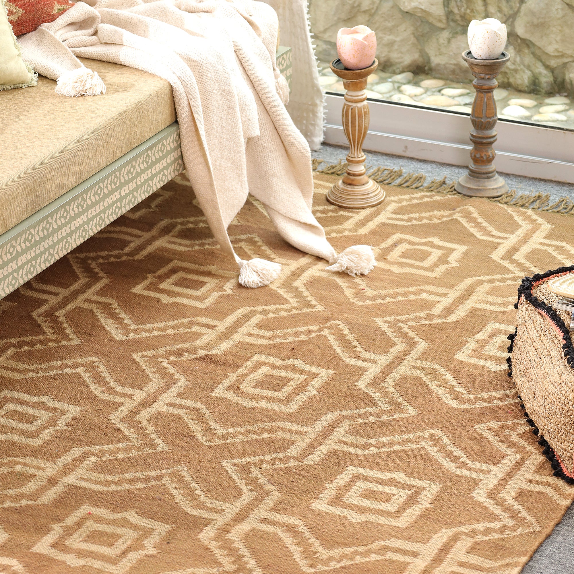 Modern Geometric Area Rug – Beige Diamond Pattern Woven Carpet for Living Room, Bedroom, Office & Farmhouse Home Decor