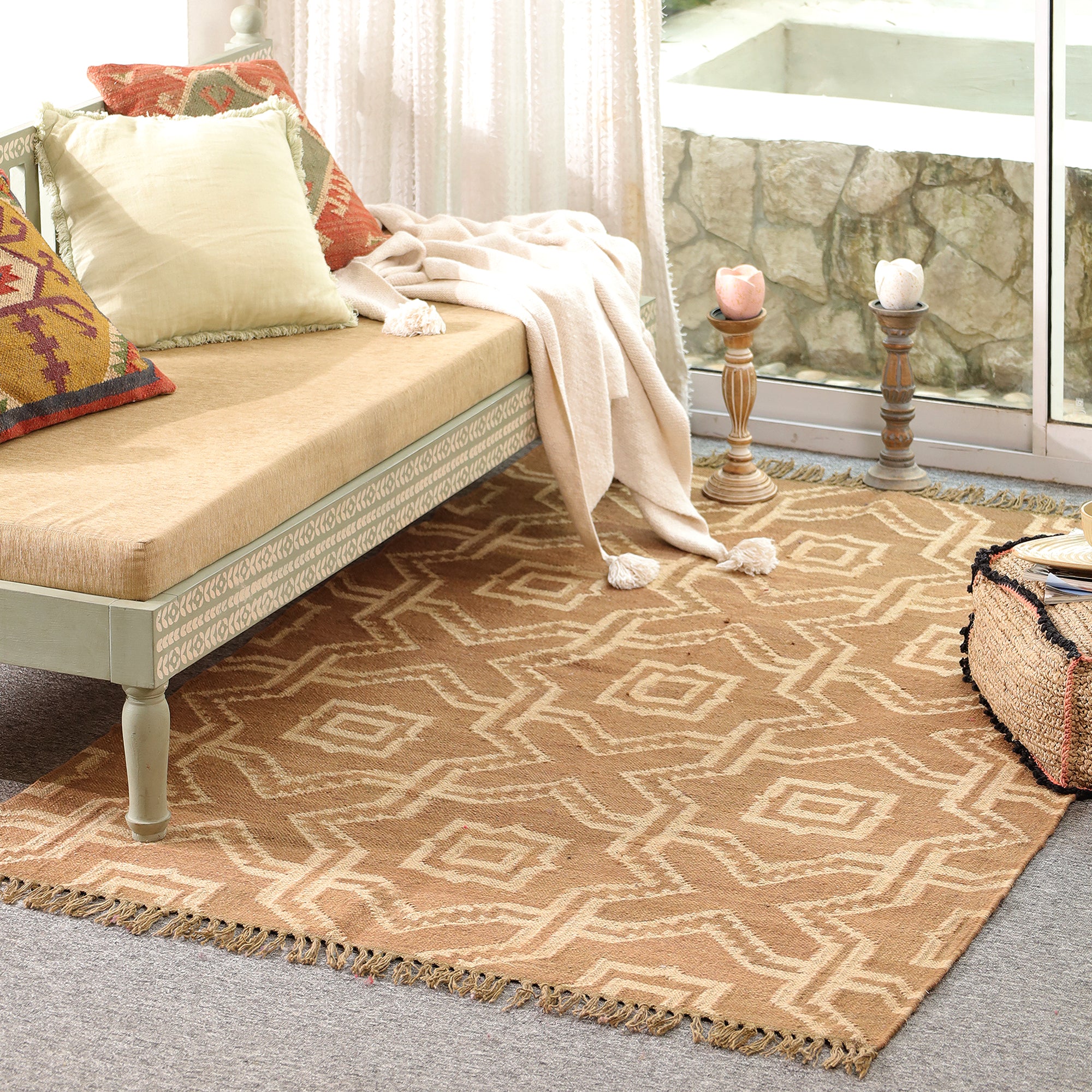Modern Geometric Area Rug – Beige Diamond Pattern Woven Carpet for Living Room, Bedroom, Office & Farmhouse Home Decor