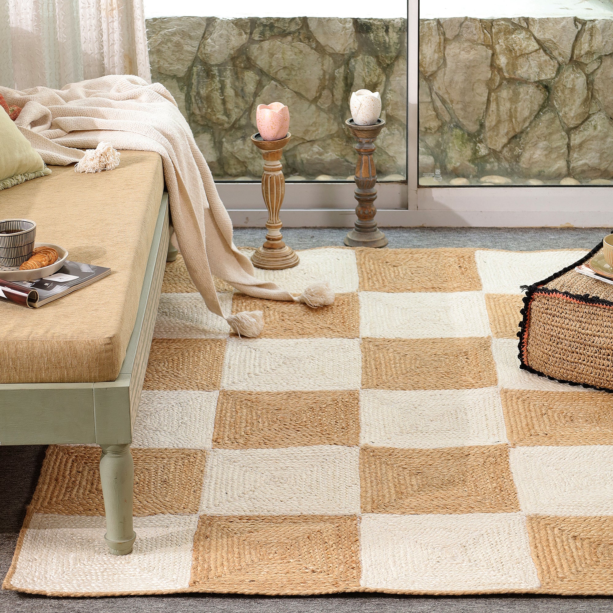 Handwoven Natural Jute & Cotton Checkered Area Rug | Modern Boho Floor Carpet