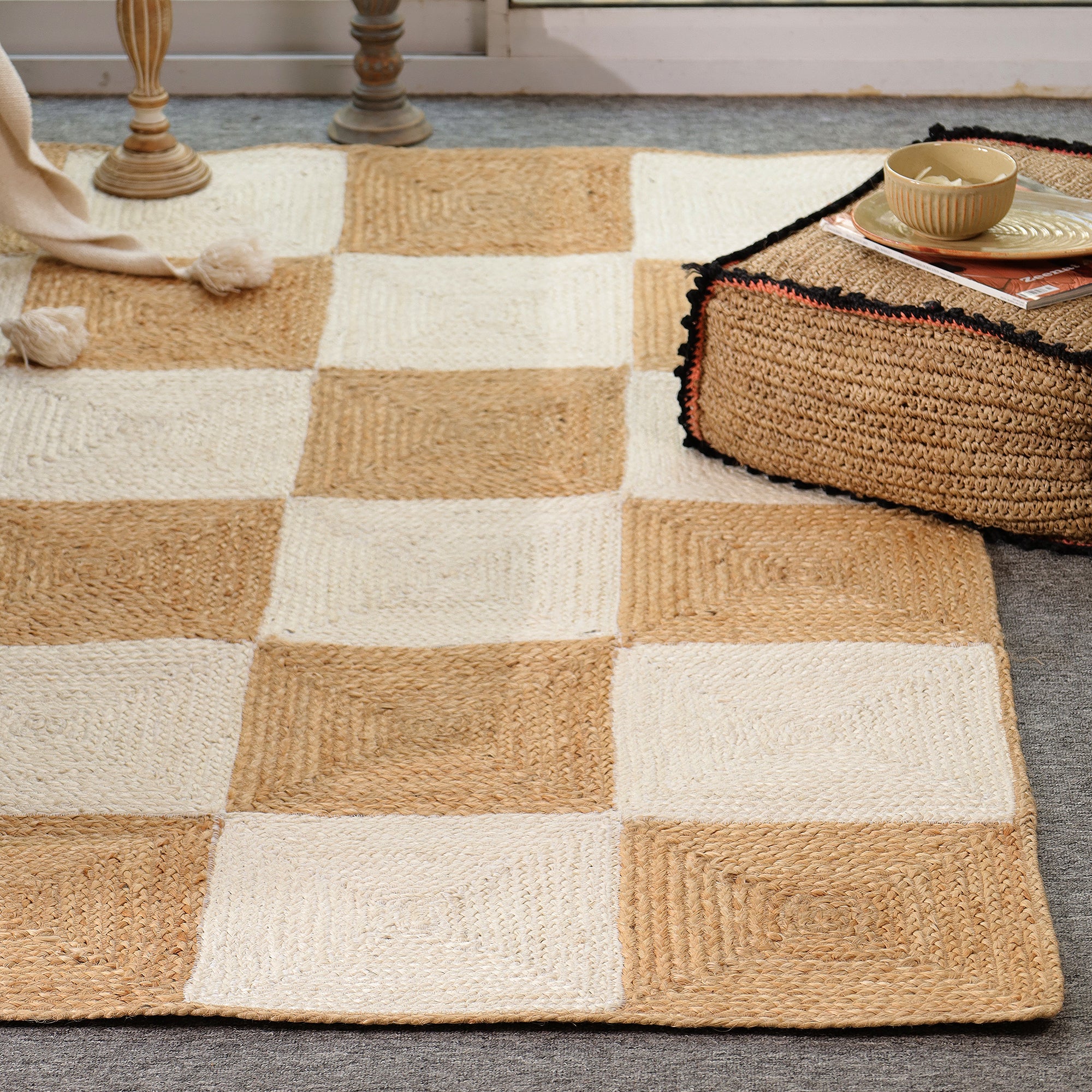 Handwoven Natural Jute & Cotton Checkered Area Rug | Modern Boho Floor Carpet
