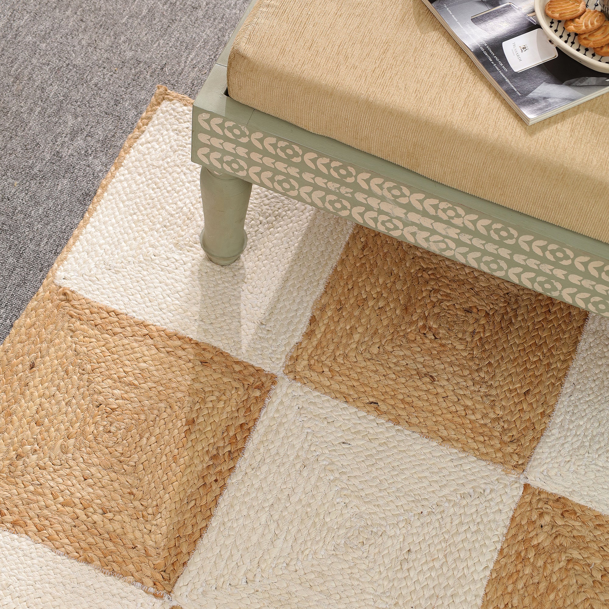 Handwoven Natural Jute & Cotton Checkered Area Rug | Modern Boho Floor Carpet