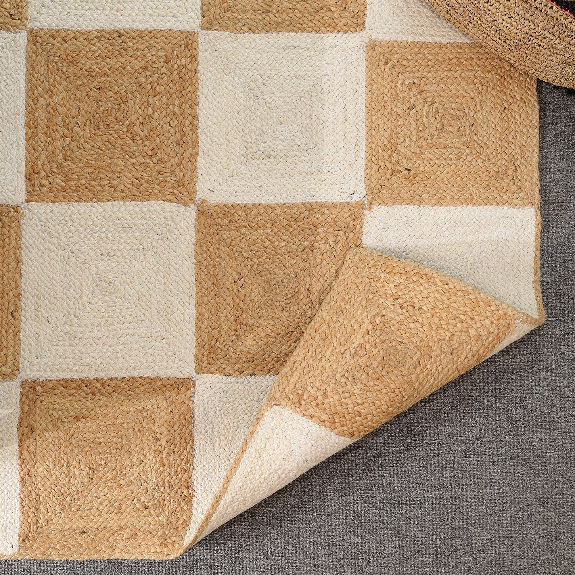 Handwoven Natural Jute & Cotton Checkered Area Rug | Modern Boho Floor Carpet