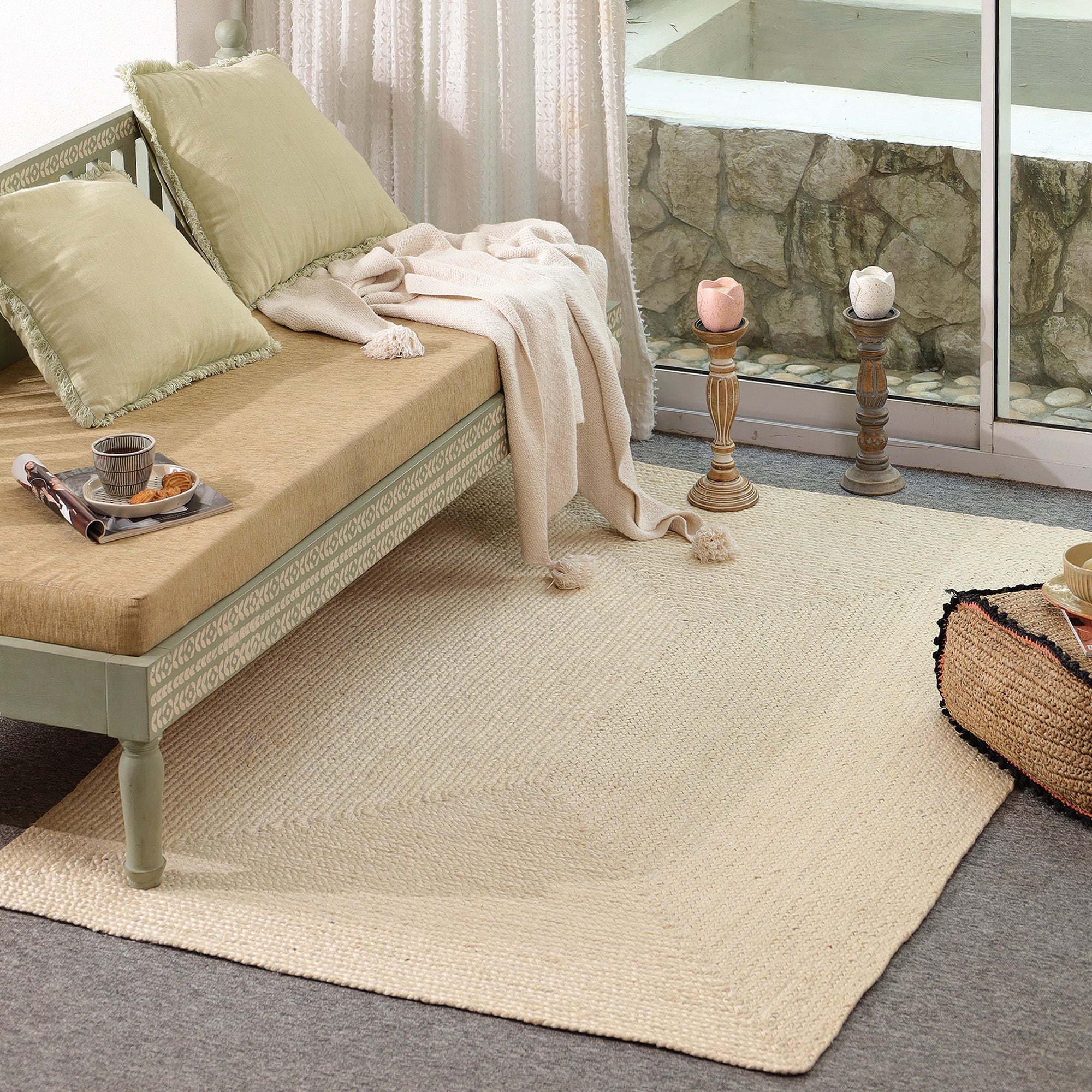 Handwoven Natural Ivory Jute & Cotton Area Rug | Minimalist Boho Floor Carpet