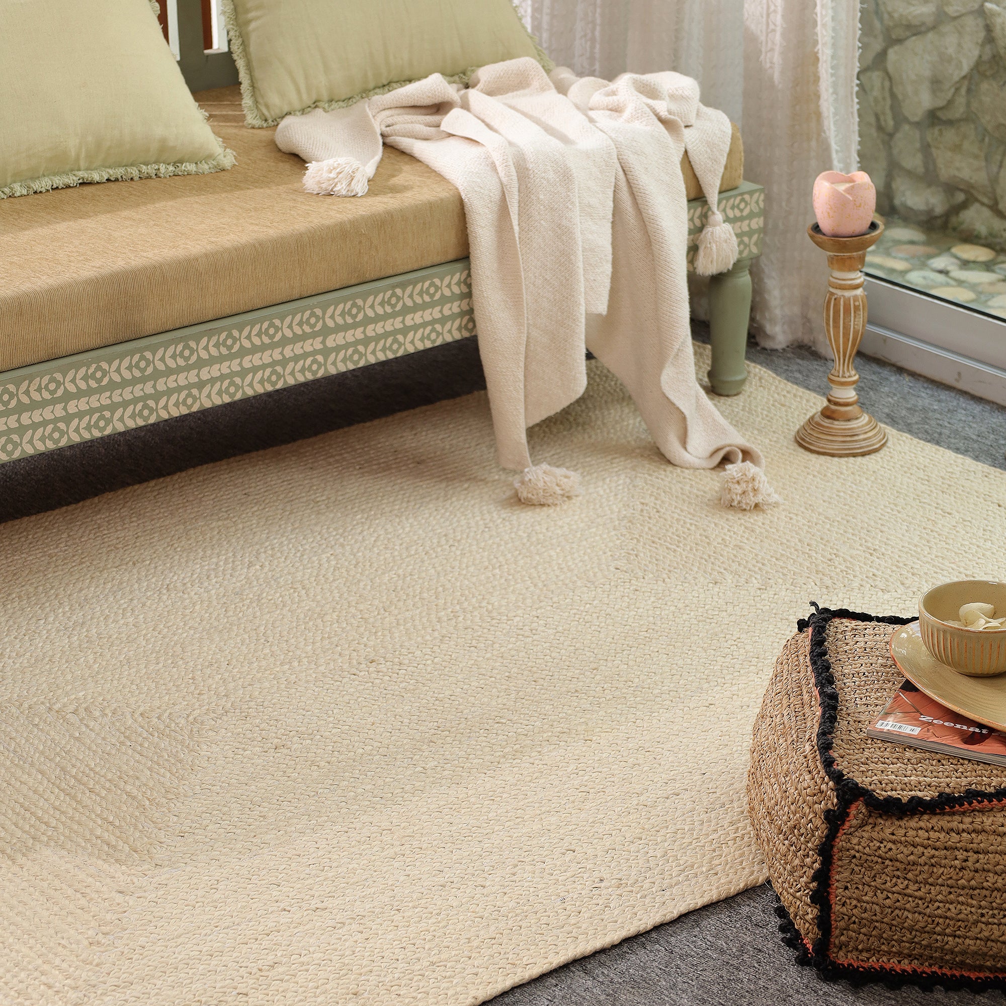 Handwoven Natural Ivory Jute & Cotton Area Rug | Minimalist Boho Floor Carpet