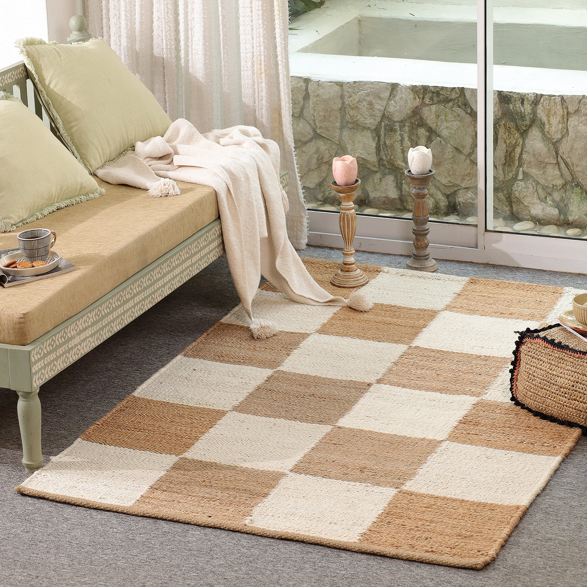Handwoven Checkered Jute & Cotton Area Rug | Beige & Ivory Boho Floor Carpet