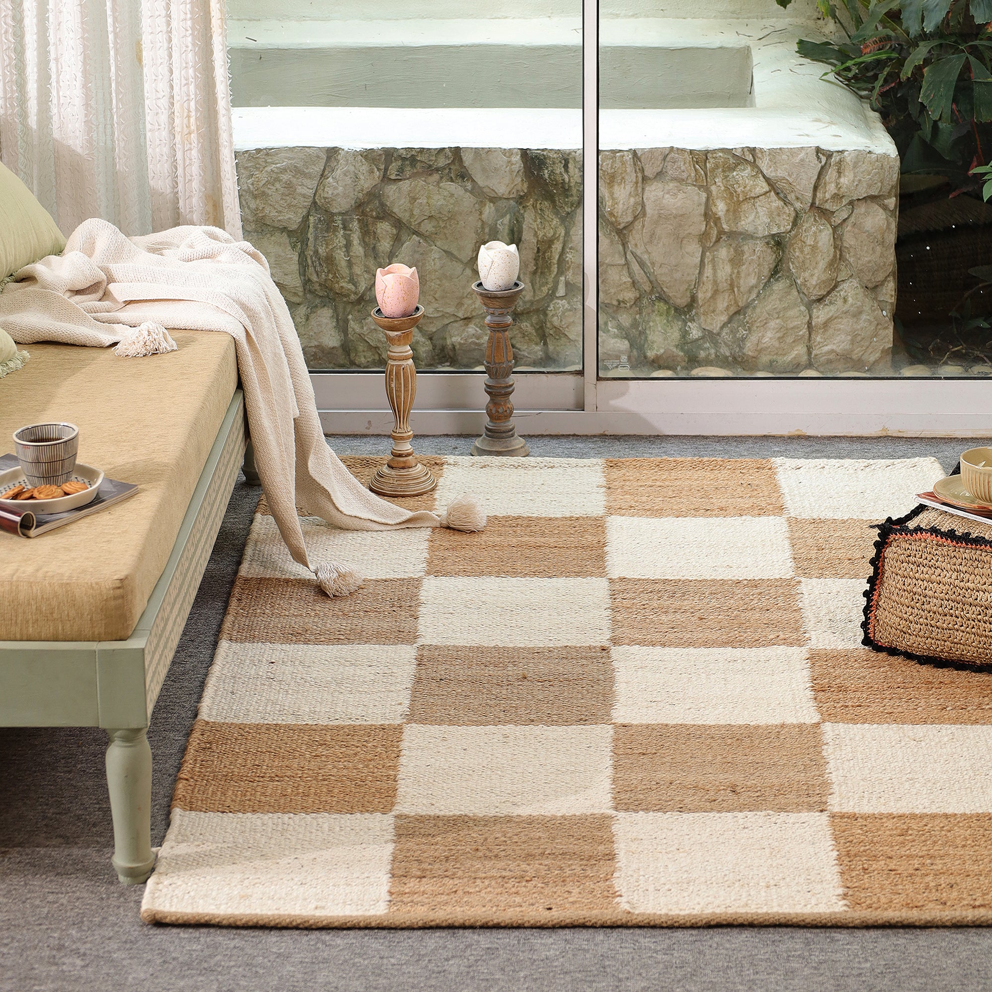 Handwoven Checkered Jute & Cotton Area Rug | Beige & Ivory Boho Floor Carpet