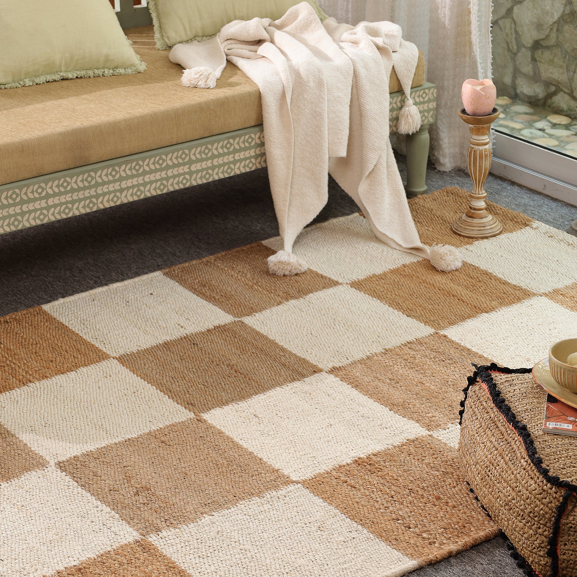Handwoven Checkered Jute & Cotton Area Rug | Beige & Ivory Boho Floor Carpet