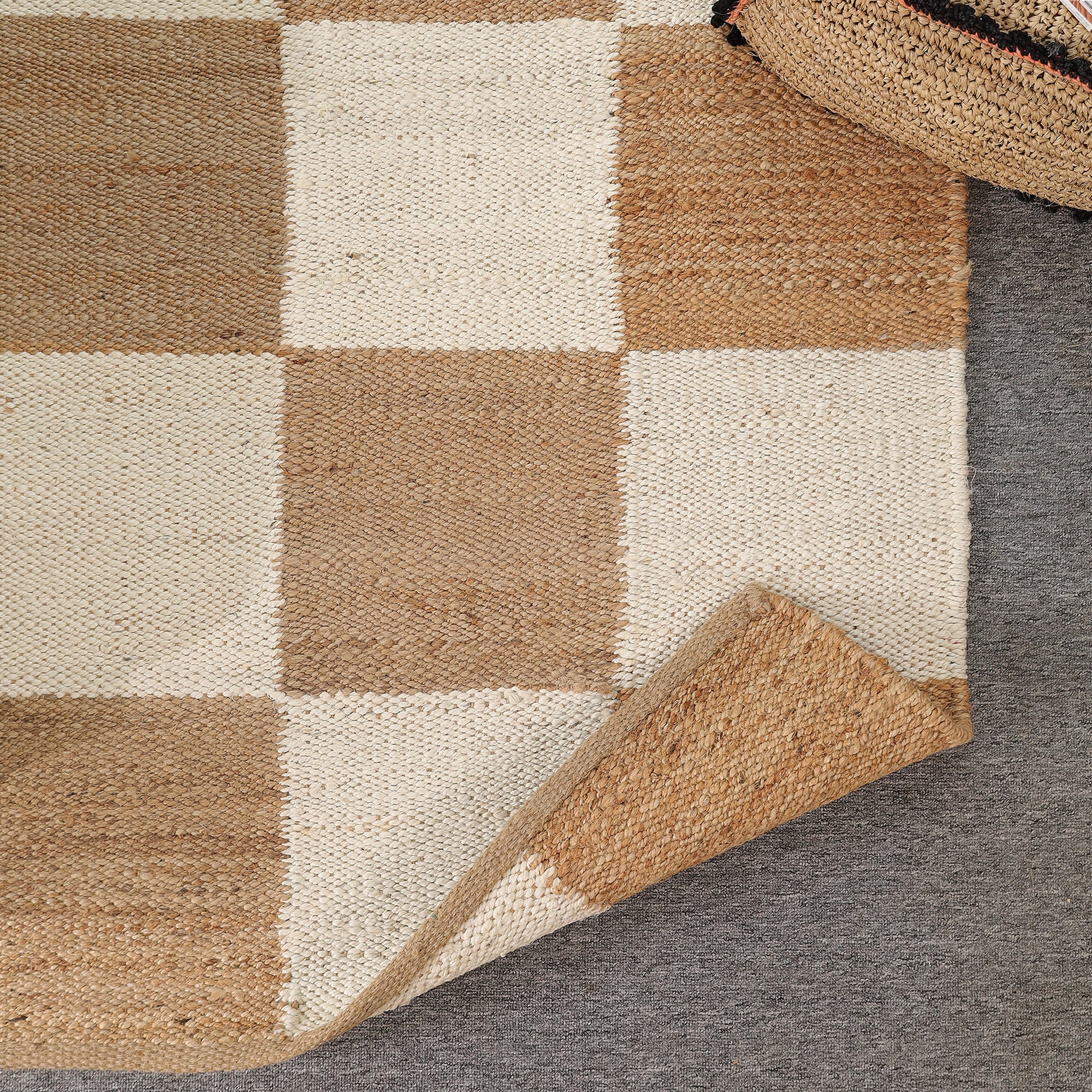 Handwoven Checkered Jute & Cotton Area Rug | Beige & Ivory Boho Floor Carpet