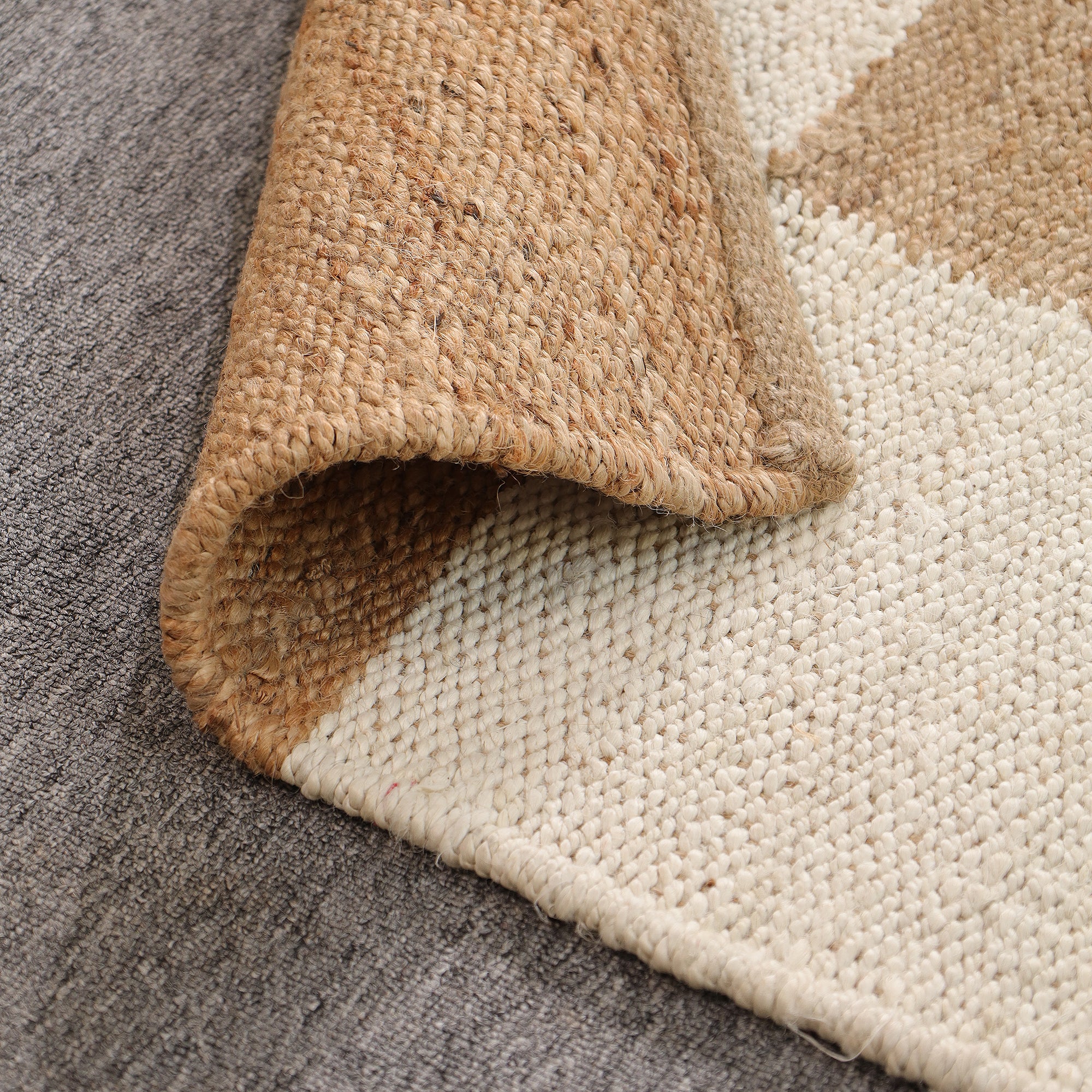 Handwoven Checkered Jute & Cotton Area Rug | Beige & Ivory Boho Floor Carpet