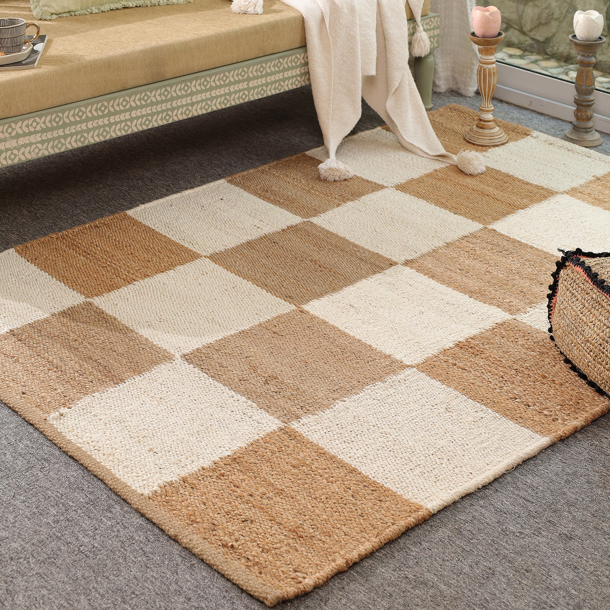 Handwoven Checkered Jute & Cotton Area Rug | Beige & Ivory Boho Floor Carpet