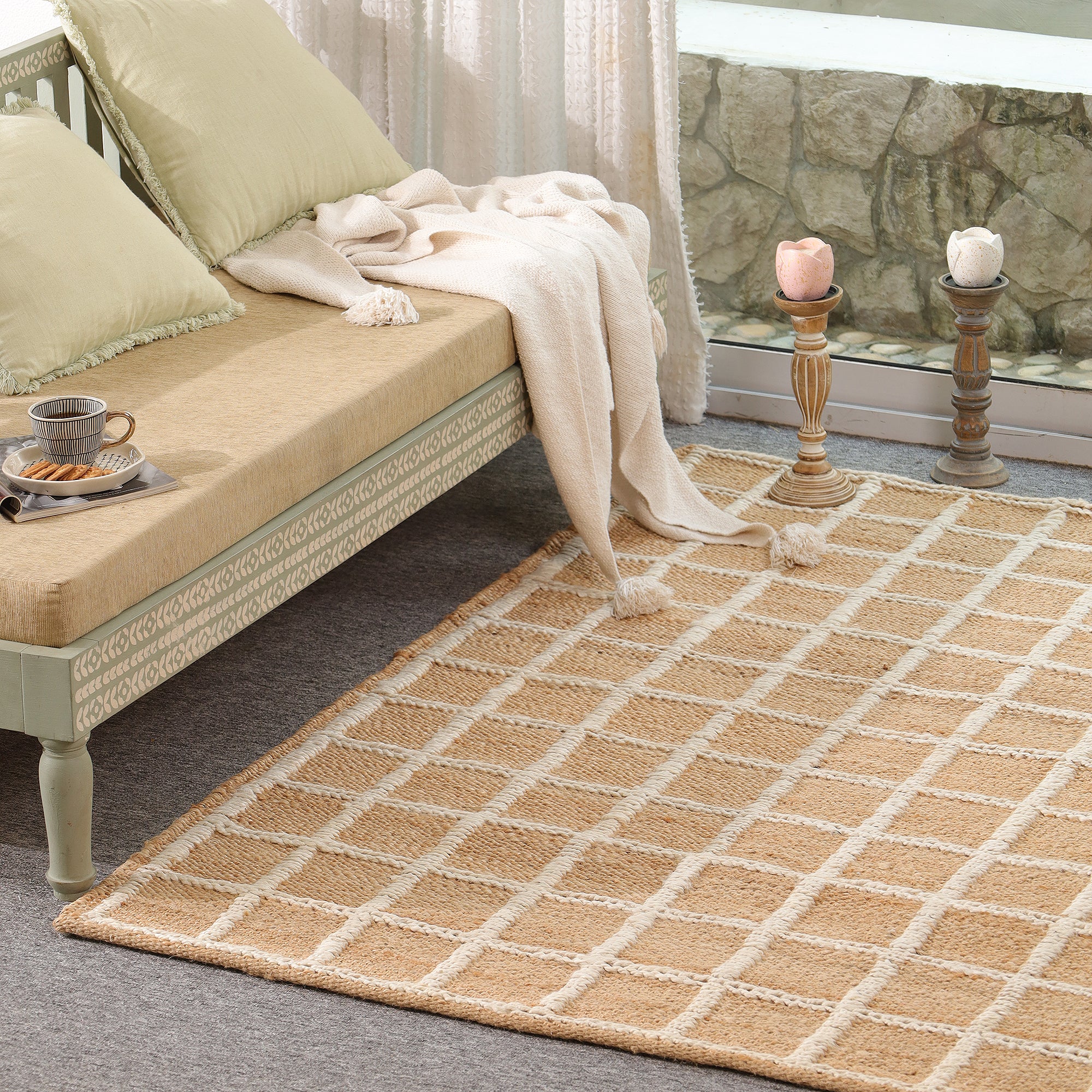 Handwoven Geometric Jute & Cotton Area Rug | Natural Beige & Ivory Grid Pattern Rug